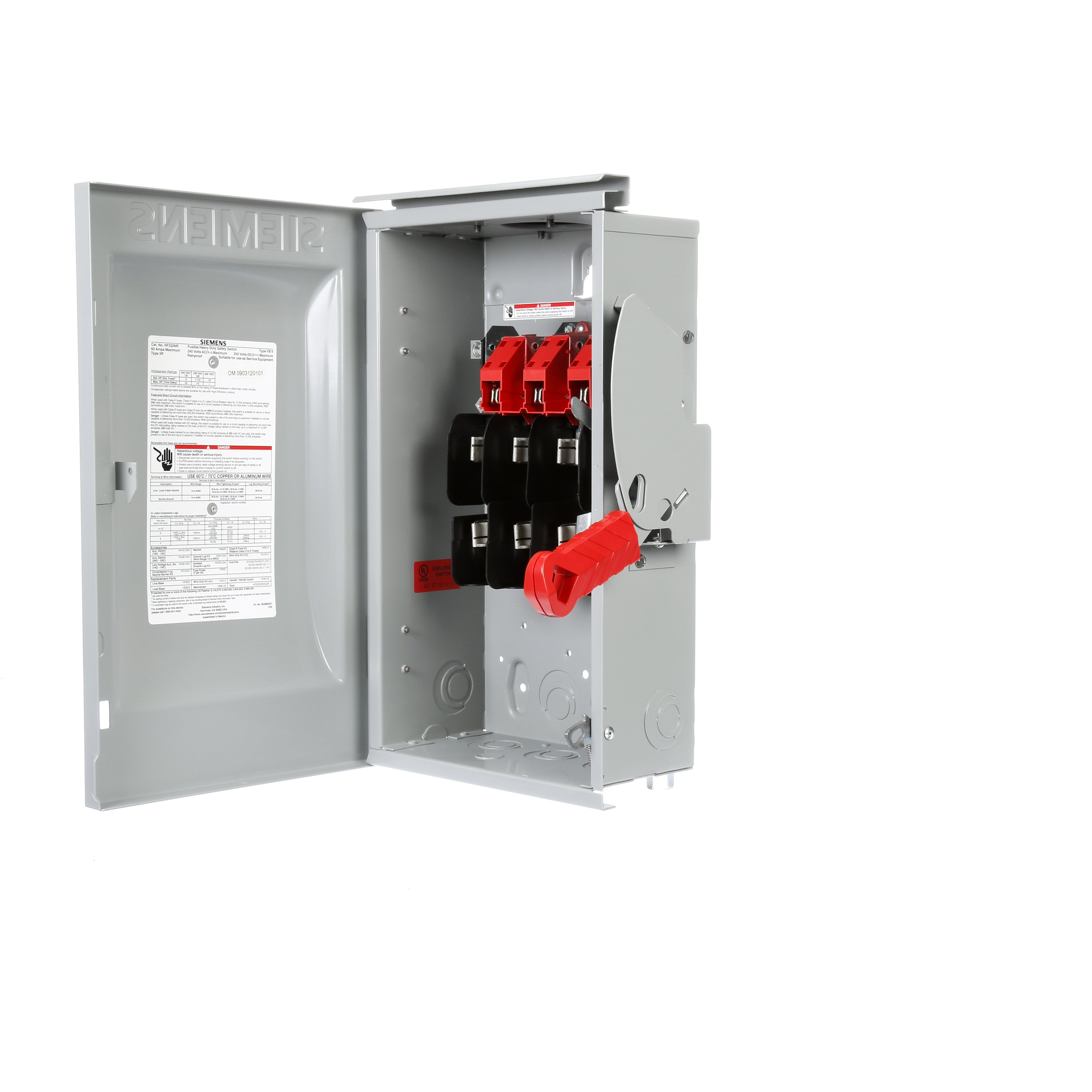 Siemens Low Voltage Circuit Protection Heavy Duty Safety Switch. 3-Pole 3-Fuse and solid neutral Fused in a type 3R enclosure (outdoor). Rated 240VAC (60A).