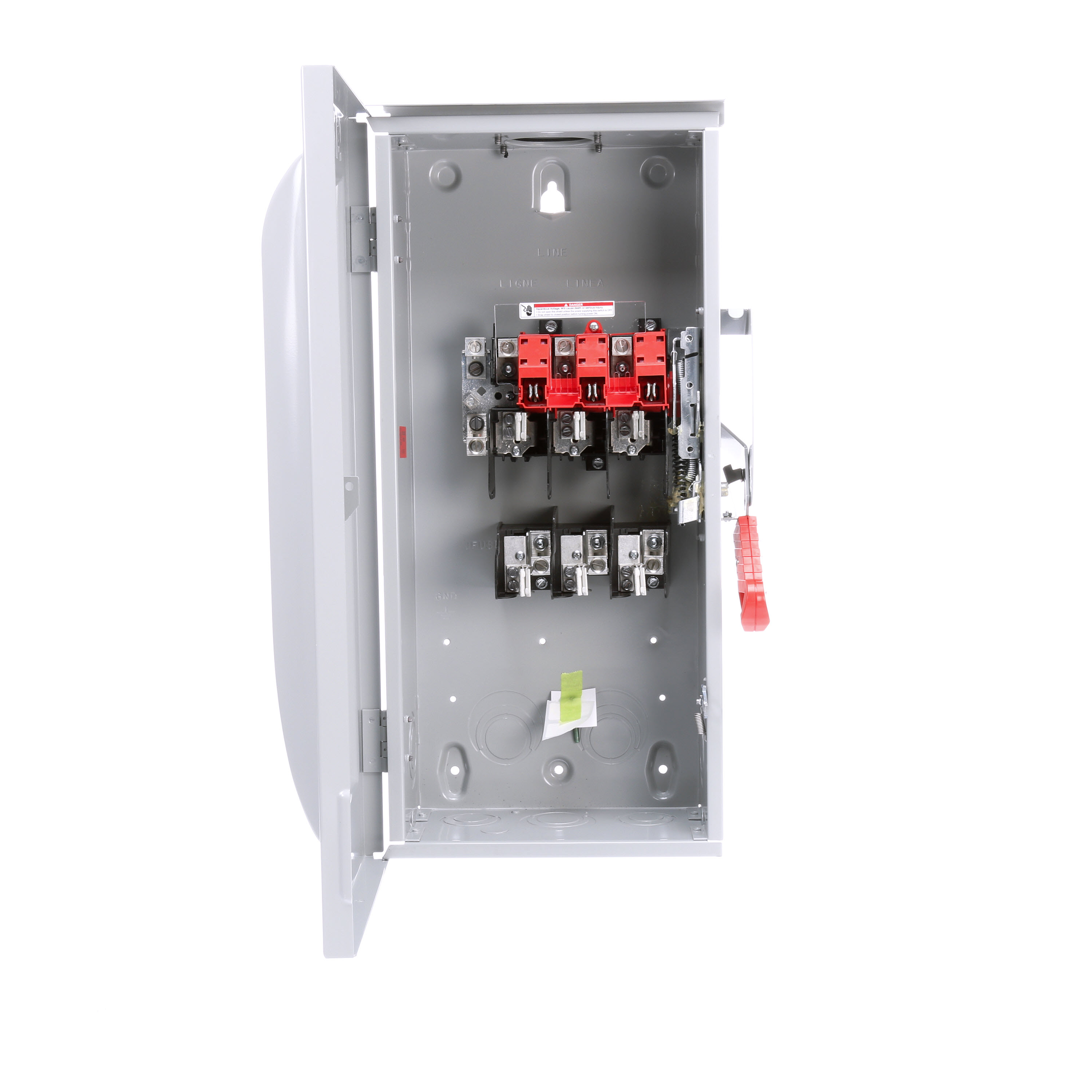 Siemens Low Voltage Circuit Protection Heavy Duty Safety Switch. 3-Pole 3-Fuse and solid neutral Fused in a type 3R enclosure (outdoor). Rated 240VAC (100A).