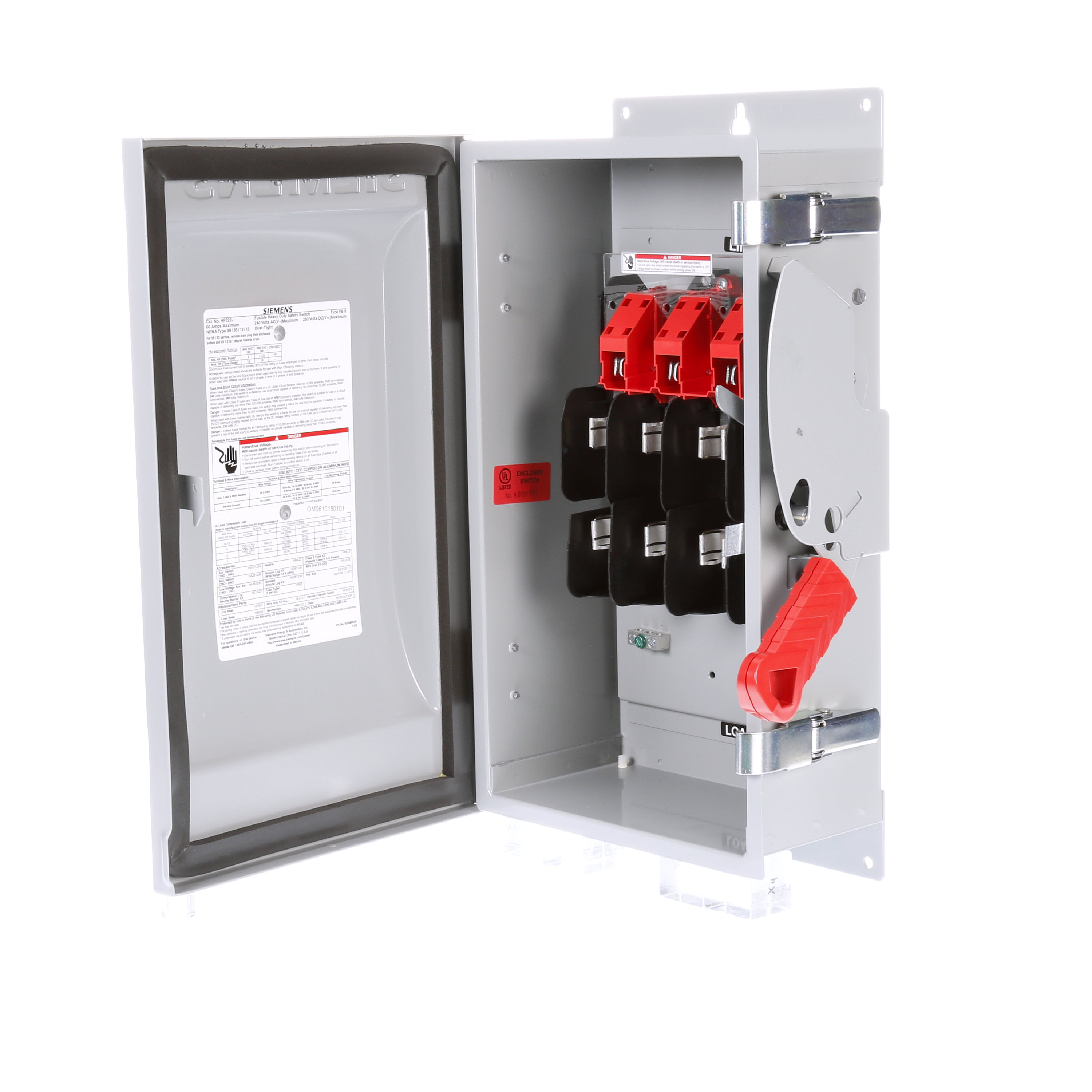 Siemens Low Voltage Circuit Protection Heavy Duty Safety Switch. 3-Pole 3-Fuse Fused in a type 12 industrial enclosure. Rated 240VAC (60A).
