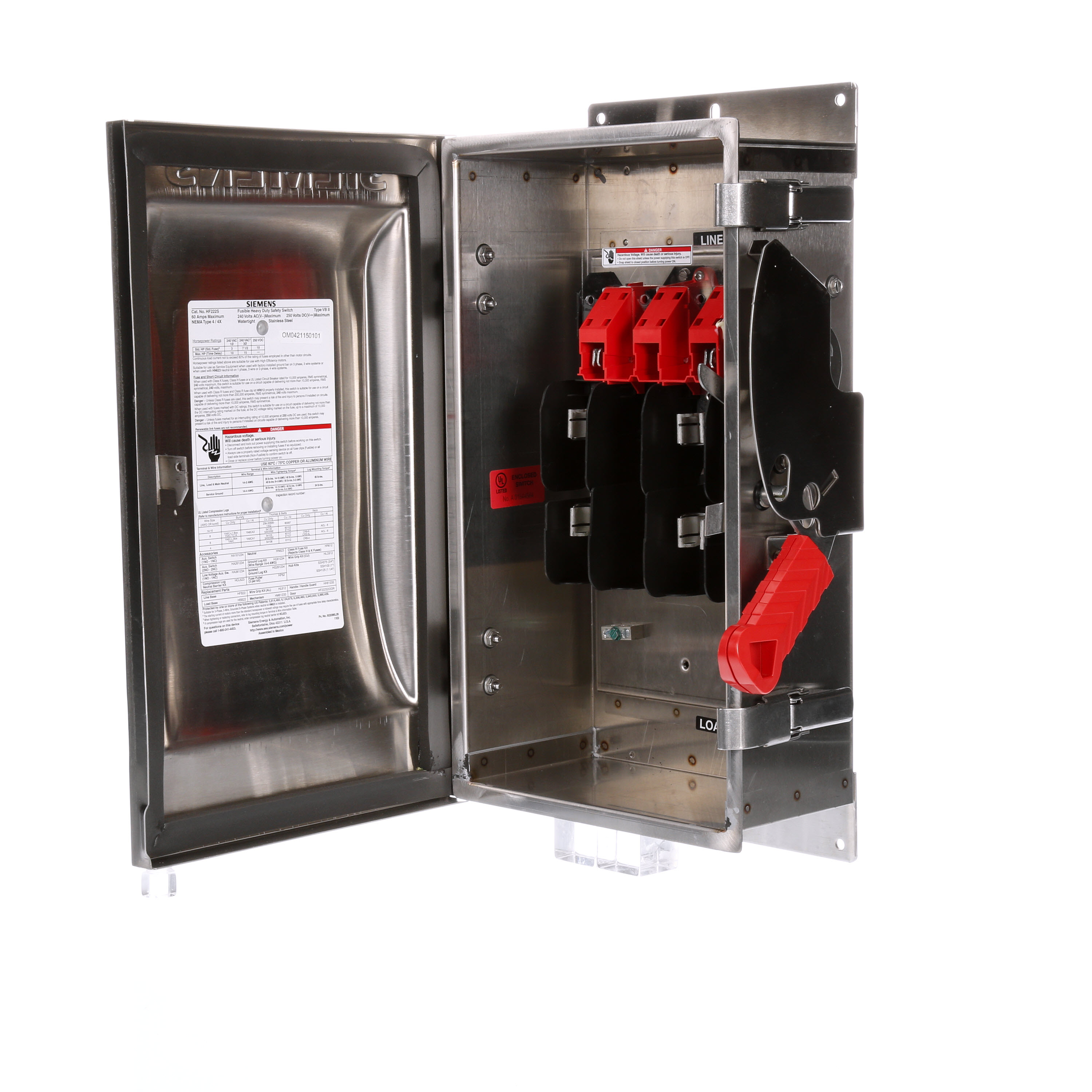 Siemens Low Voltage Circuit Protection Heavy Duty Safety Switch. 2-Pole 2-Fuse Fused in a type 4/4X 304 grade Stainless Steel enclosure. Rated 240VAC (60A).