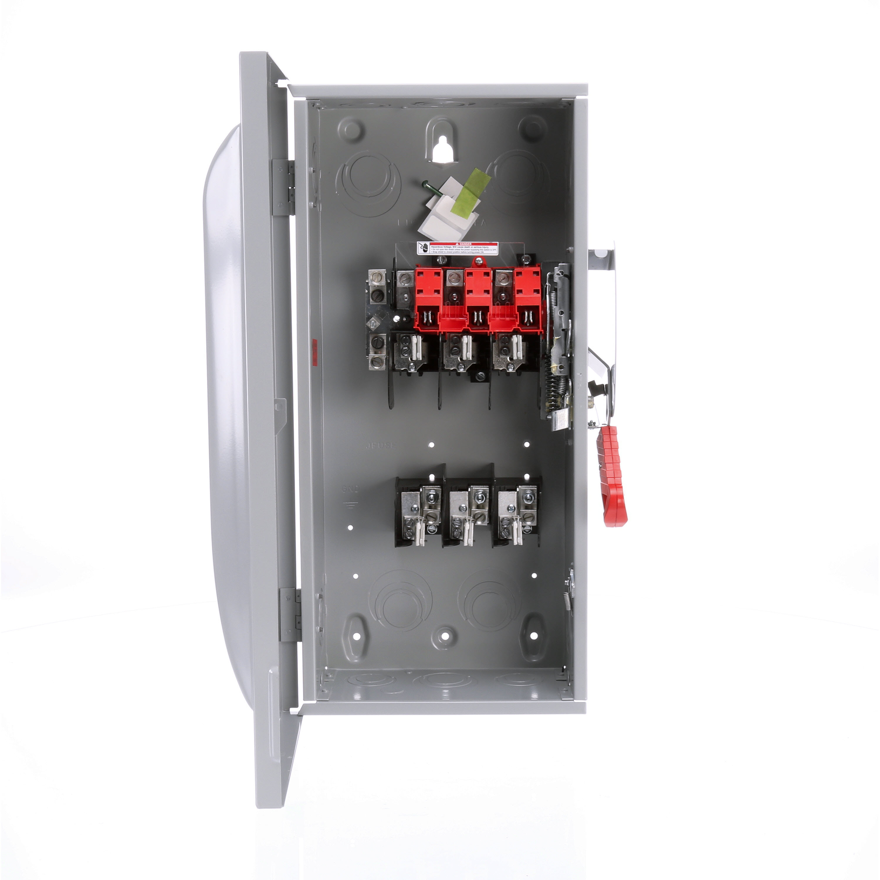 Siemens Low Voltage Circuit Protection Heavy Duty Safety Switch. 3-Pole 3-Fuse and solid neutral Fused in a type 1 enclosure (indoor). Rated 600VAC (100A).