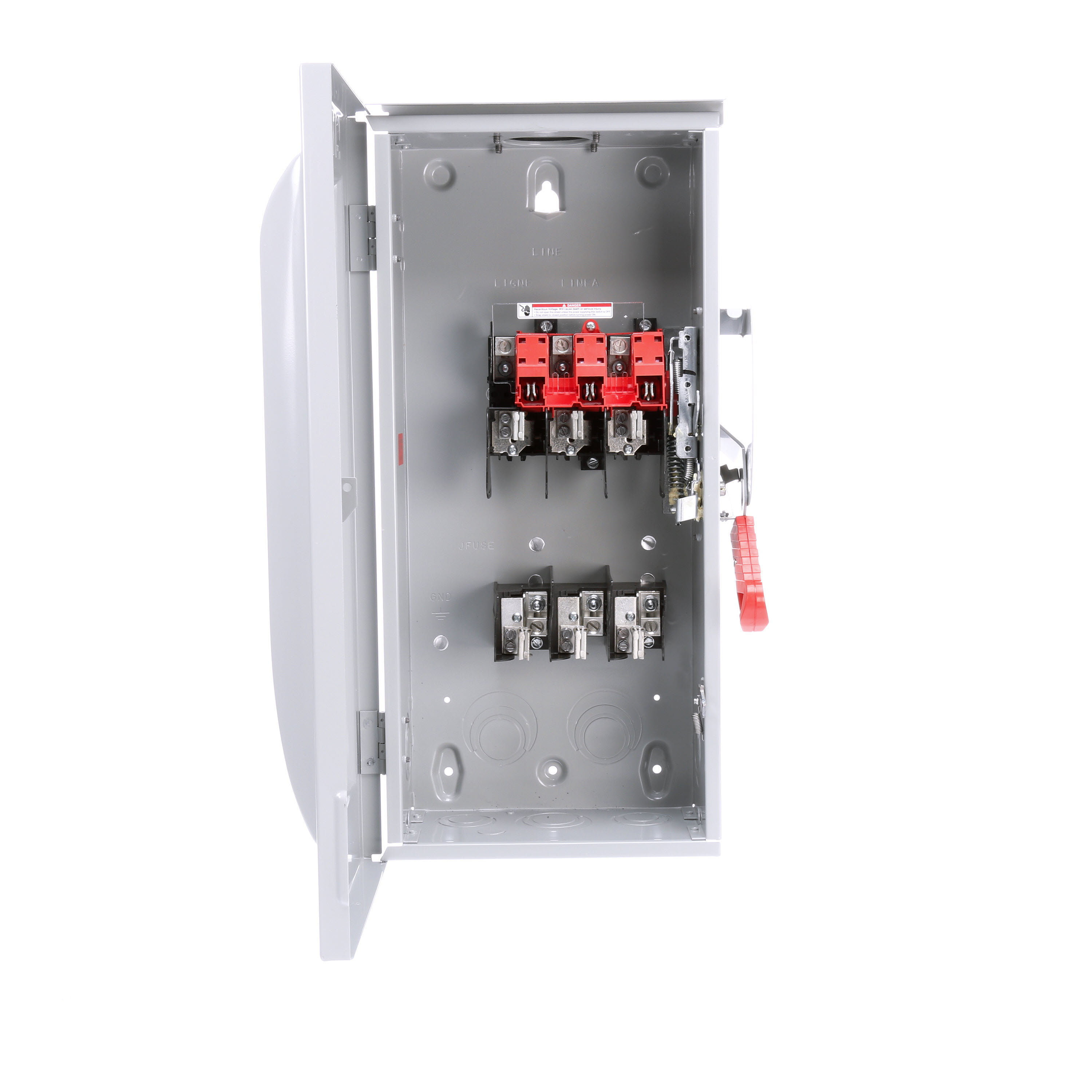 Siemens Low Voltage Circuit Protection Heavy Duty Safety Switch. 3-Pole 3-Fuse Fused in a type 3R enclosure (outdoor). Rated 600VAC (100A).