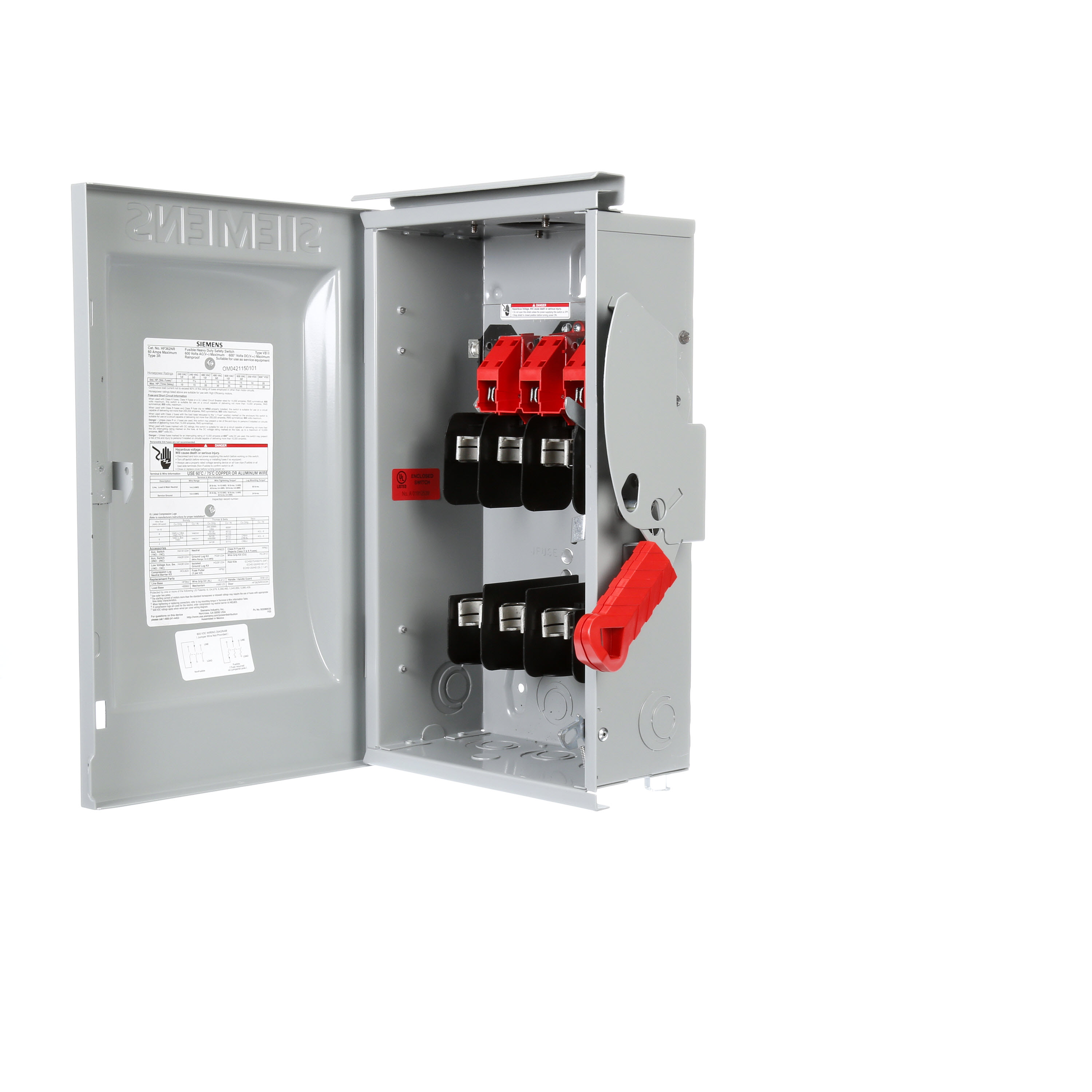Siemens Low Voltage Circuit Protection Heavy Duty Safety Switch. 3-Pole 3-Fuse and solid neutral Fused in a type 3R enclosure (outdoor). Rated 600VAC (60A).