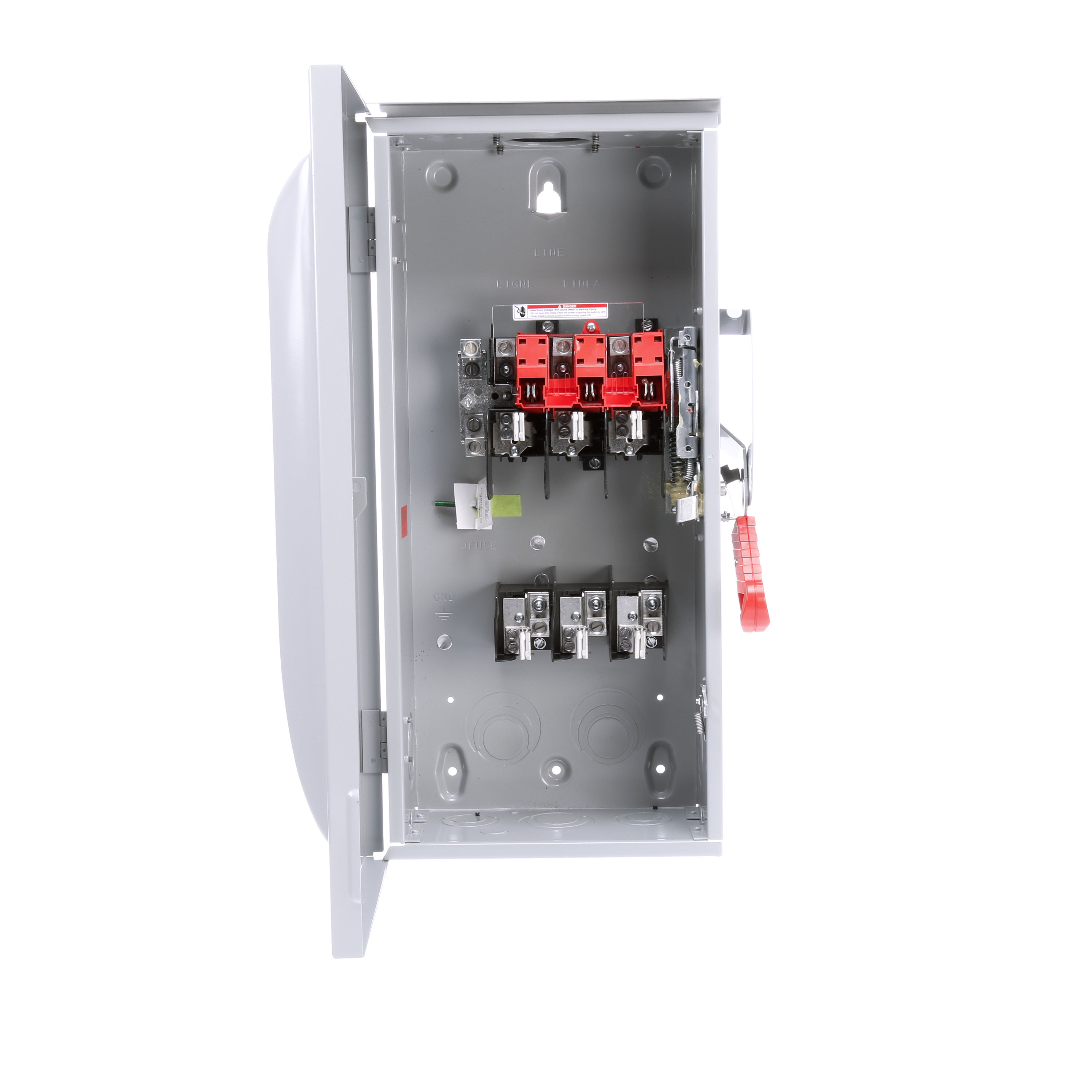 Siemens Low Voltage Circuit Protection Heavy Duty Safety Switch. 3-Pole 3-Fuse and solid neutral Fused in a type 3R enclosure (outdoor). Rated 600VAC (100A).