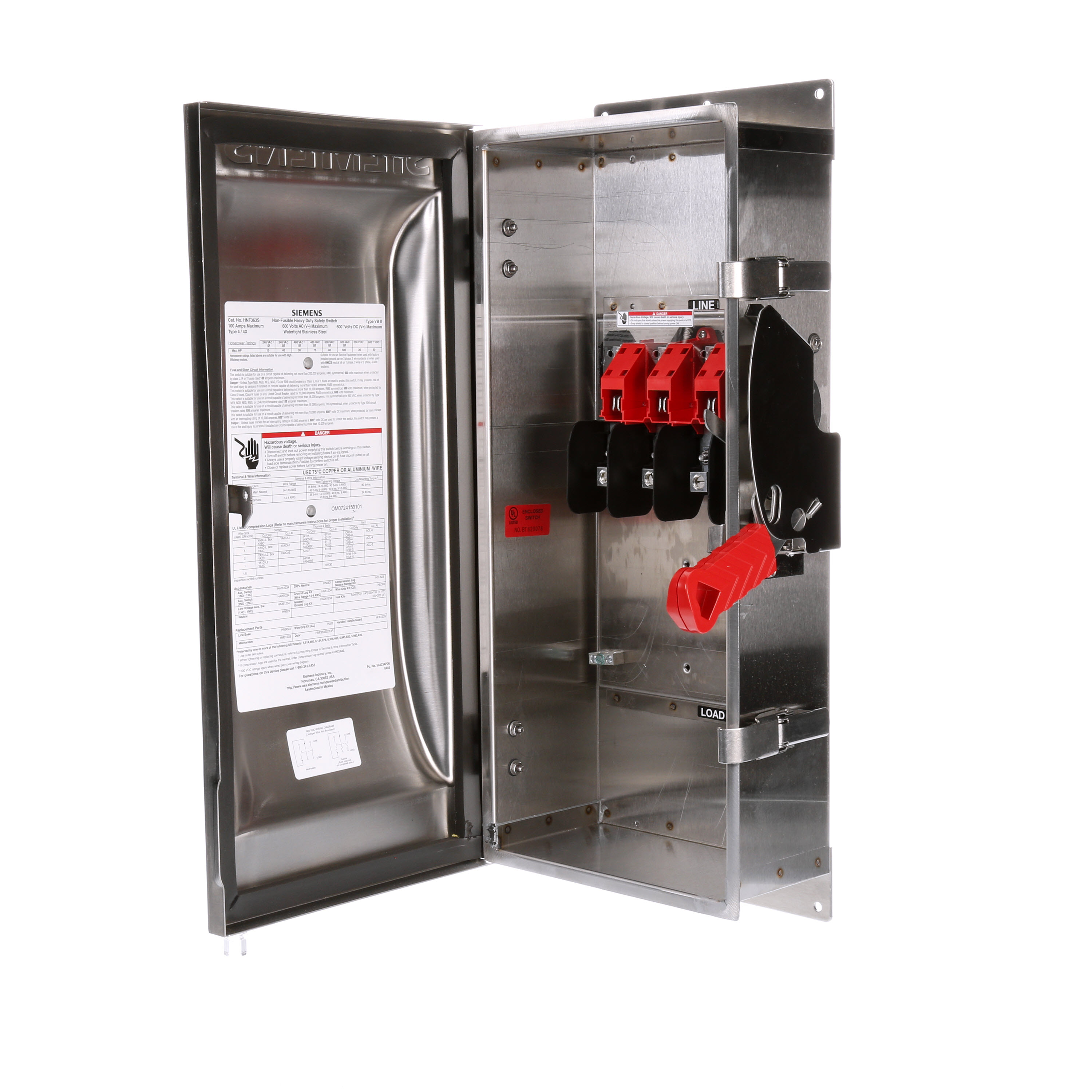 Siemens Low Voltage Circuit Protection Heavy Duty Safety Switch. 3-Pole Non-Fused in a type 4/4X 304 grade Stainless Steel enclosure. Rated 600VAC (100A).