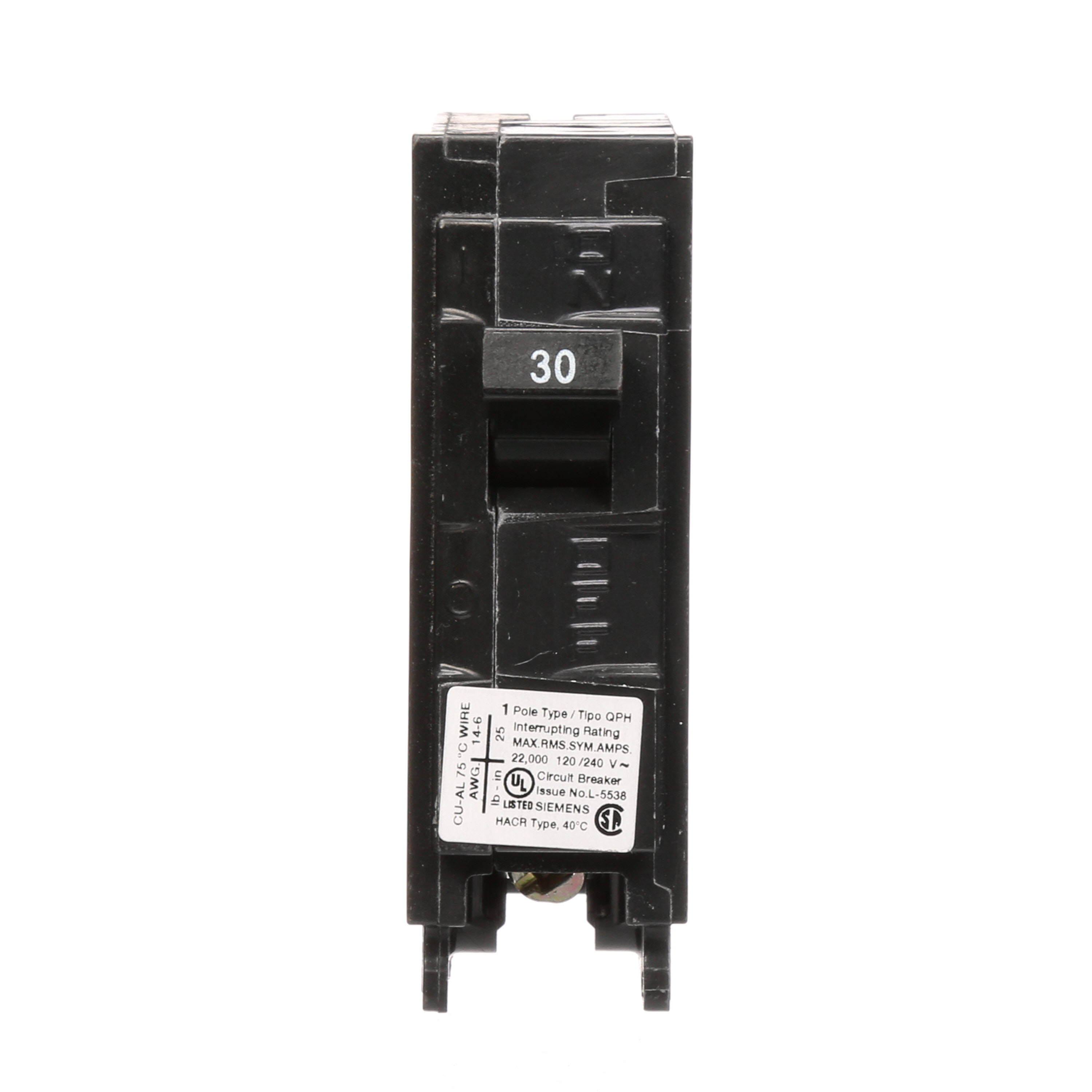 Siemens Low Voltage Residential Circuit Breakers Miniature Thermal Mag Circuit Breakers - Type QP/MP 1-pole 10k are Circuit Protection Load Center Mains, Feeders, and Miniature Circuit Breakers. Type QP/MP Application Electrical Distribution Standard UL 489 Voltage Rating 120V Amperage Rating 30A Trip Range Thermal Magnetic Interrupt Rating 22 AIC Number Of Poles 1P