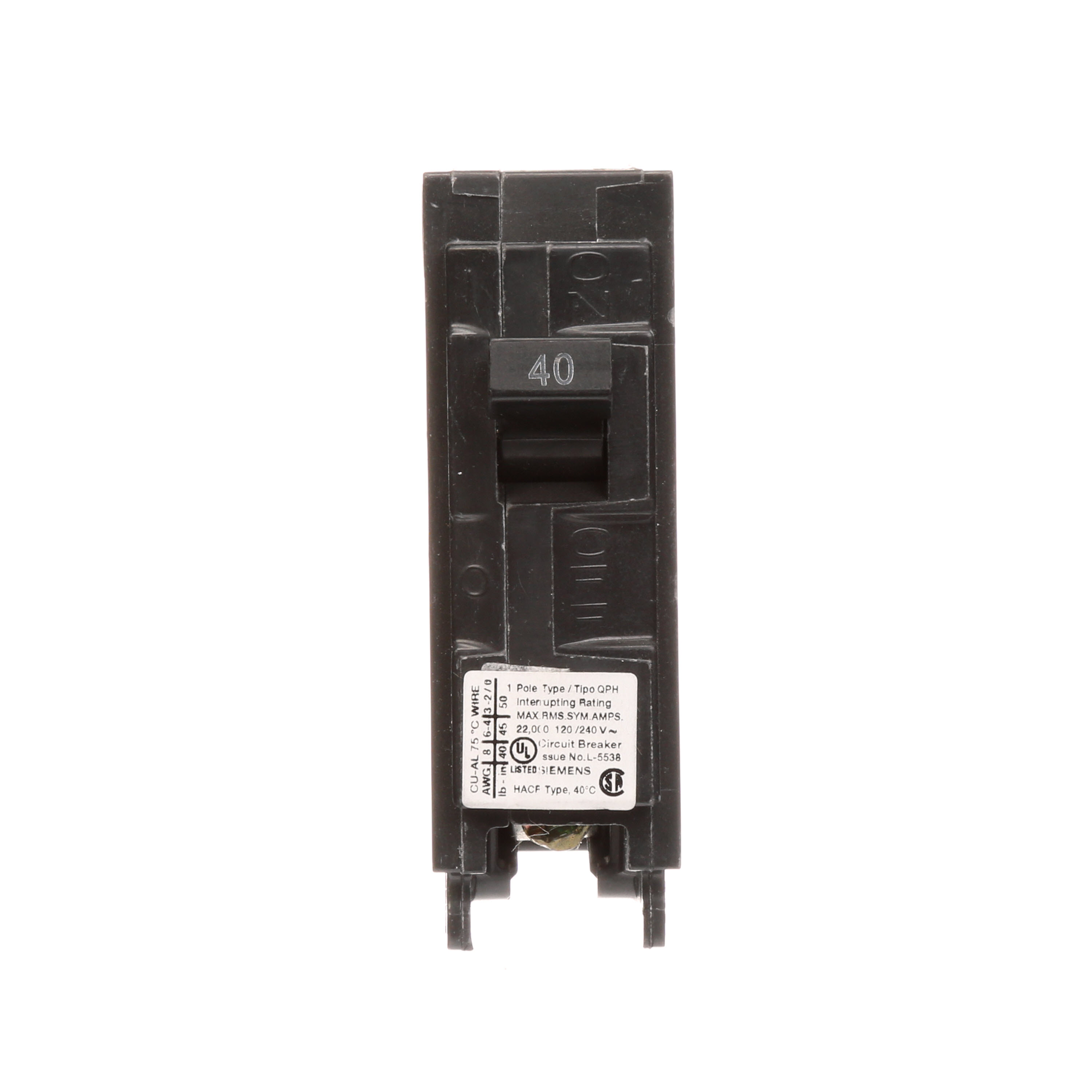 Siemens Low Voltage Residential Circuit Breakers Miniature Thermal Mag Circuit Breakers - Type QP/MP 1-pole 10k are Circuit Protection Load Center Mains, Feeders, and Miniature Circuit Breakers. Type QP/MP Application Electrical Distribution Standard UL 489 Voltage Rating 120V Amperage Rating 40A Trip Range Thermal Magnetic Interrupt Rating 22 AIC Number Of Poles 1P