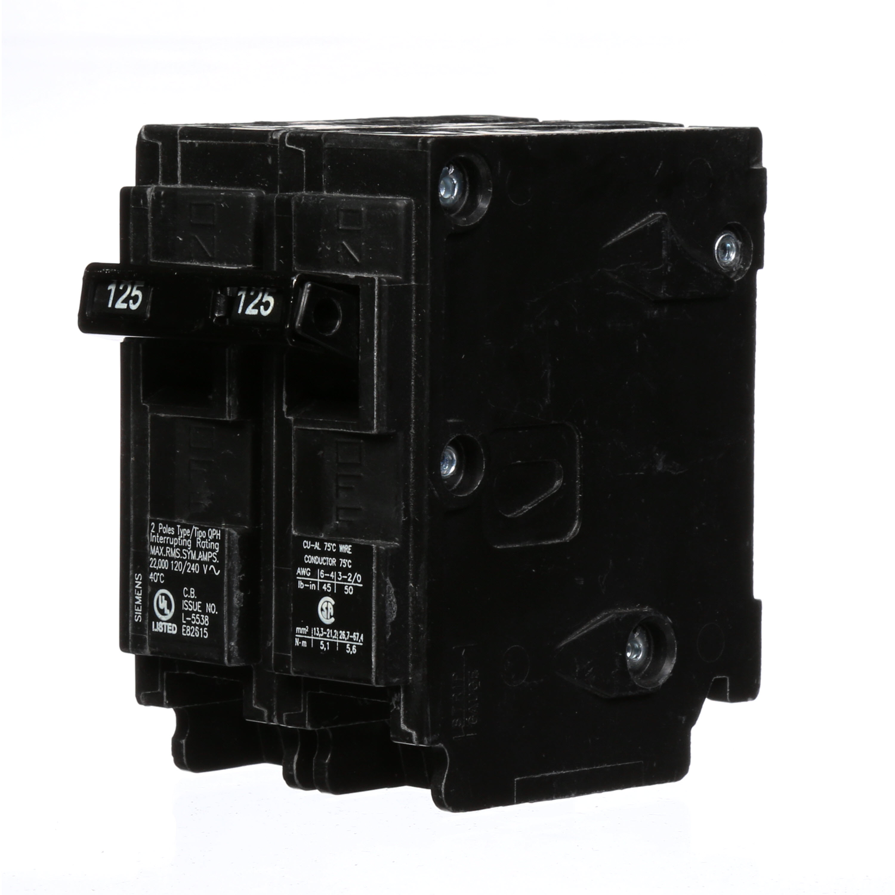 Siemens Low Voltage Residential Circuit Breakers Miniature Thermal Mag Circuit Breakers - Type QP/MP, 2-Pole, 120/240VAC are Circuit Protection Load Center Mains, Feeders, and Miniature Circuit Breakers. Type QP/MP Application Electrical Distribution Standard UL 489 Voltage Rating 120/240V Amperage Rating 125A Trip Range Thermal Magnetic Interrupt Rating 22 AIC Number Of Poles 2P