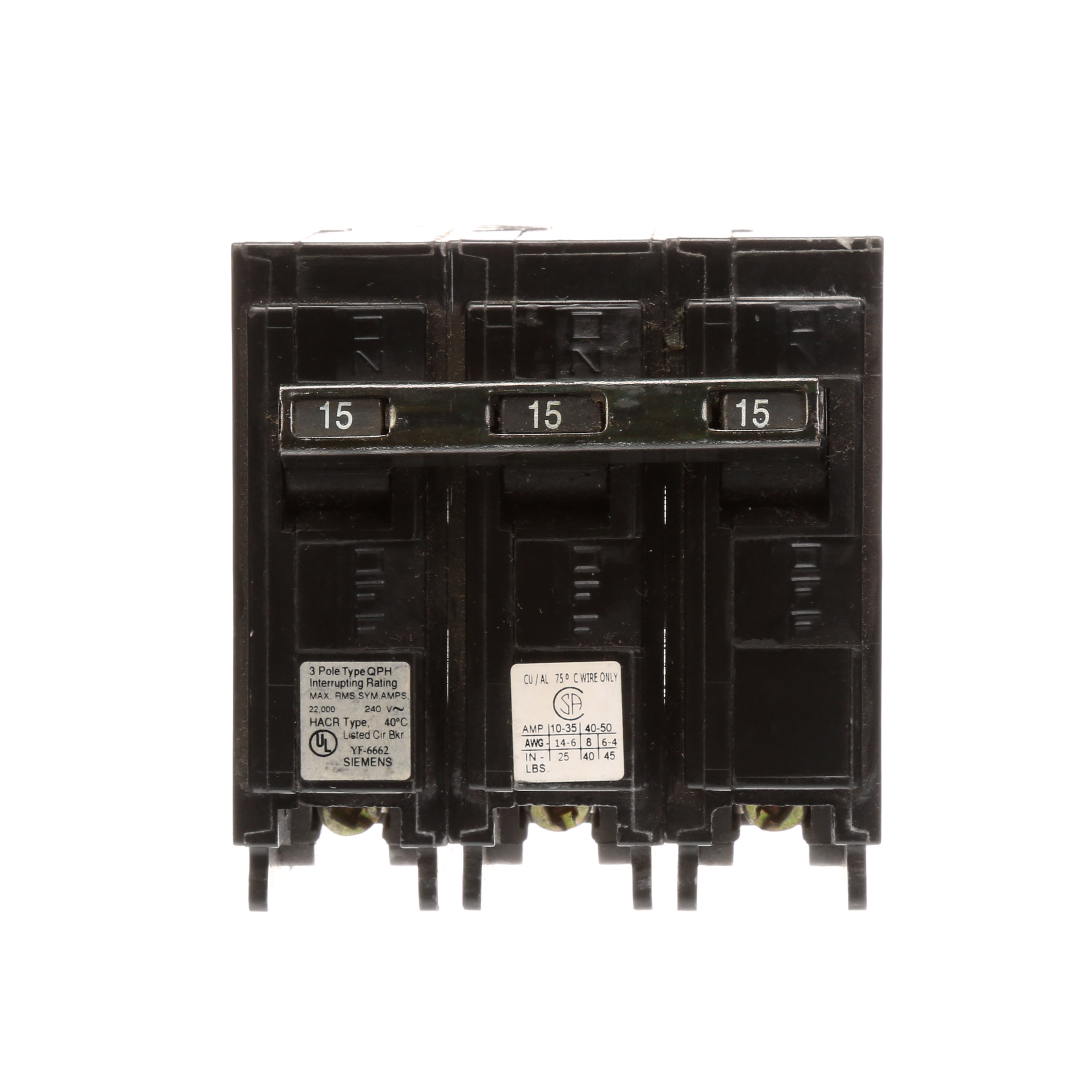 Siemens Low Voltage Residential Circuit Breakers Miniature Thermal Mag Circuit Breakers - Type QP/MP, 3-Pole, 240VAC are Circuit Protection Load Center Mains, Feeders, and Miniature Circuit Breakers. Type QP/MP Application Electrical Distribution Standard UL 489 Voltage Rating 240V Amperage Rating 15A Trip Range Thermal Magnetic Interrupt Rating 22 AIC Number Of Poles 3P