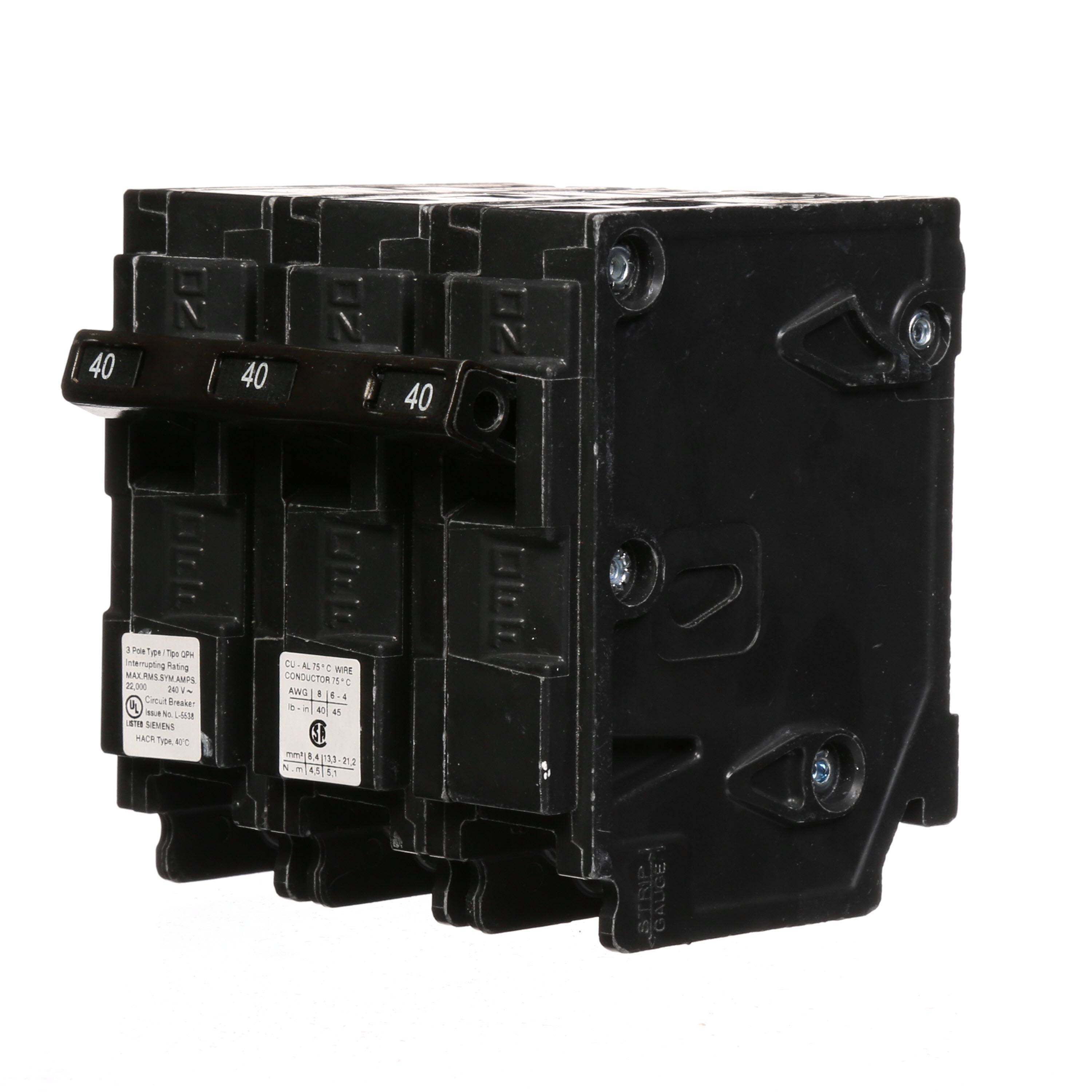 Siemens Low Voltage Residential Circuit Breakers Miniature Thermal Mag Circuit Breakers - Type QP/MP, 3-Pole, 240VAC are Circuit Protection Load Center Mains, Feeders, and Miniature Circuit Breakers. Type QP/MP Application Electrical Distribution Standard UL 489 Voltage Rating 240V Amperage Rating 40A Trip Range Thermal Magnetic Interrupt Rating 22 AIC Number Of Poles 3P