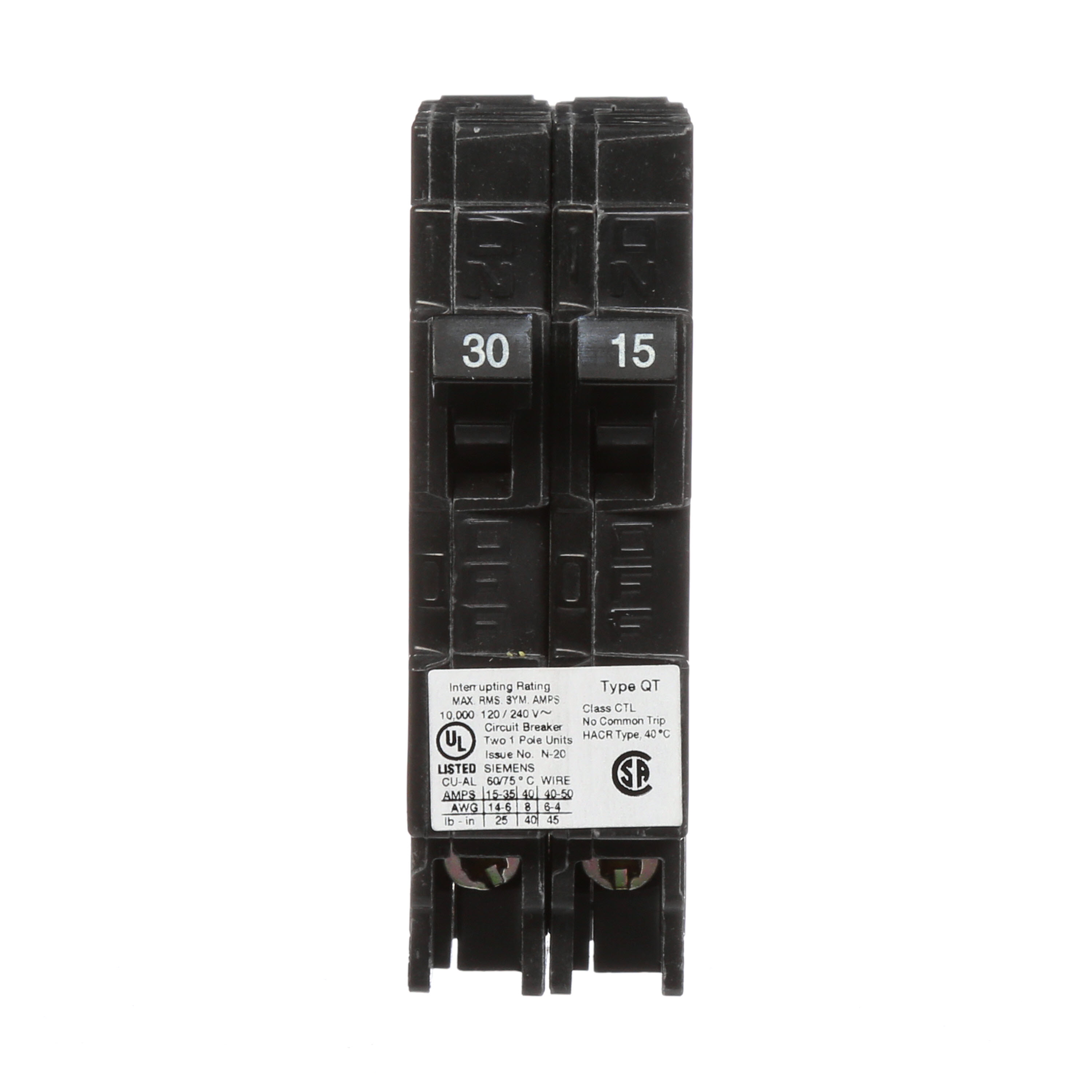 Siemens Low Voltage Residential Circuit Breakers Miniature Thermal Mag Circuit Breakers - Duplex, Triplex, Quadplex are Circuit Protection Load Center Mains, Feeders, and Miniature Circuit Breakers. Type QT Application Electrical Distribution Standard UL 489 Voltage Rating 120V Amperage Rating 15A Trip Range Thermal Magnetic Interrupt Rating 10 AIC Number Of Poles 1P