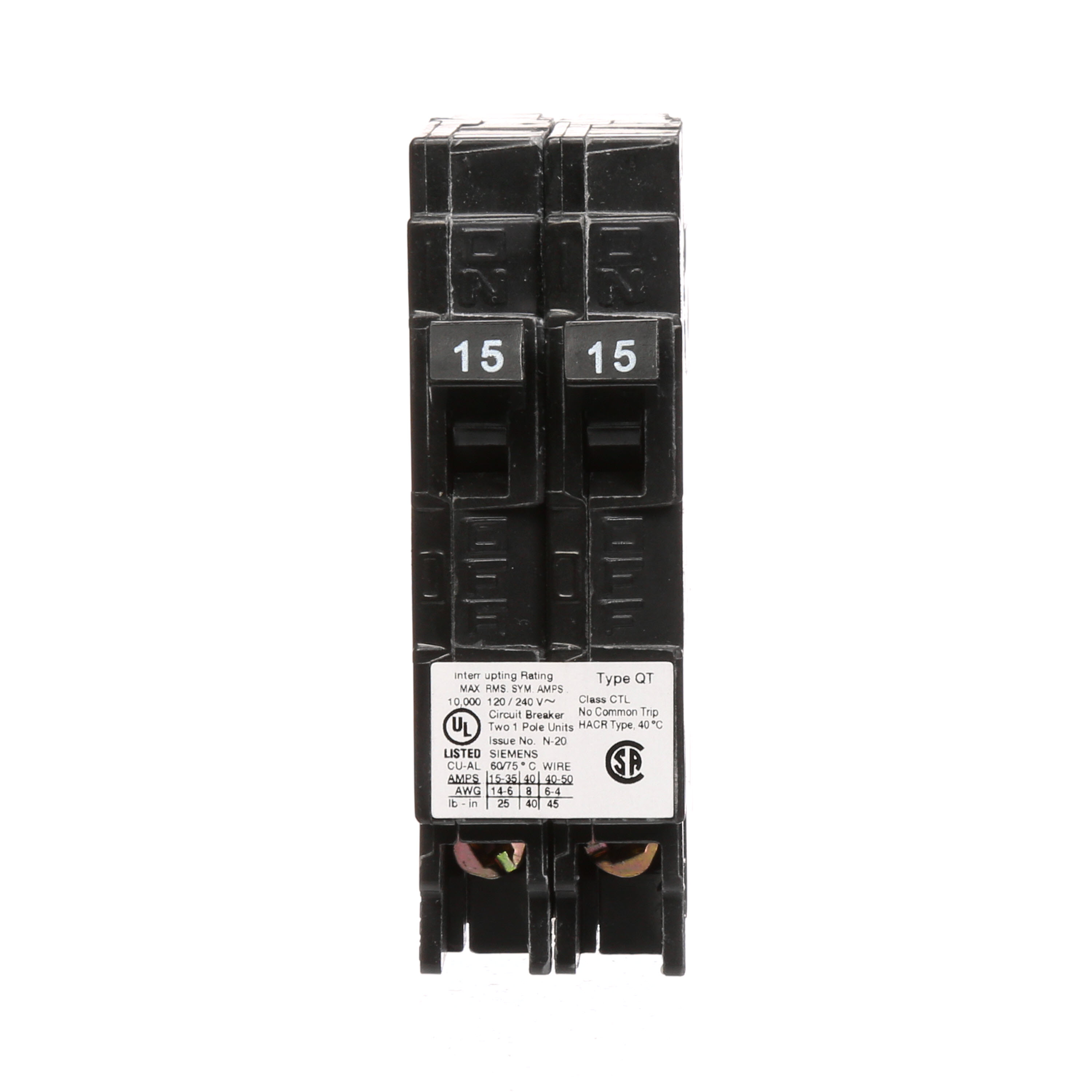 Siemens Low Voltage Residential Circuit Breakers Miniature Thermal Mag Circuit Breakers - Duplex, Triplex, Quadplex are Circuit Protection Load Center Mains, Feeders, and Miniature Circuit Breakers. BREAKER 15/15A 1P 120V 10K QT NON-CTL