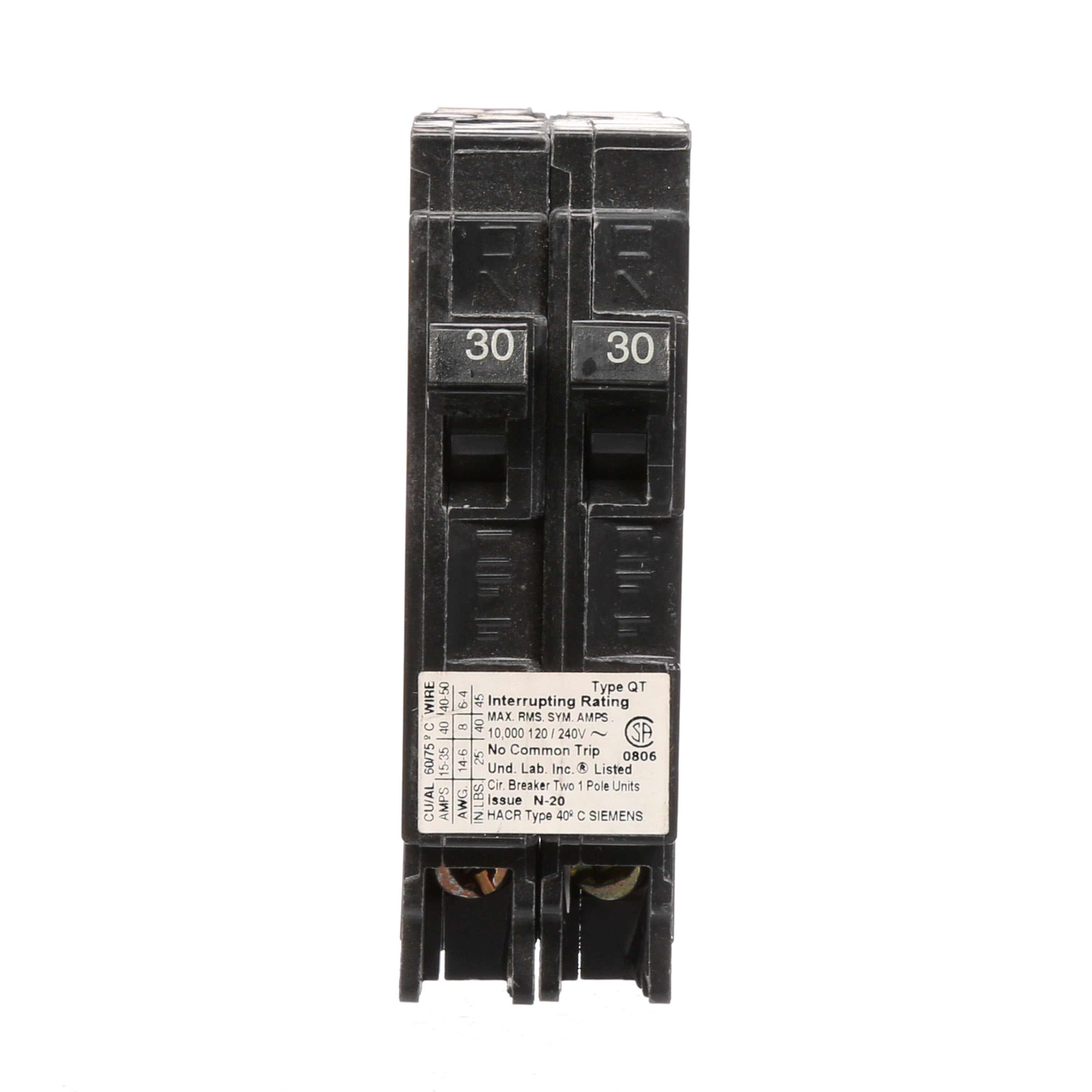 Siemens Low Voltage Residential Circuit Breakers Miniature Thermal Mag Circuit Breakers - Duplex, Triplex, Quadplex are Circuit Protection Load Center Mains, Feeders, and Miniature Circuit Breakers. BREAKER 30/30A 1P 120V 10K QT NON-CTL