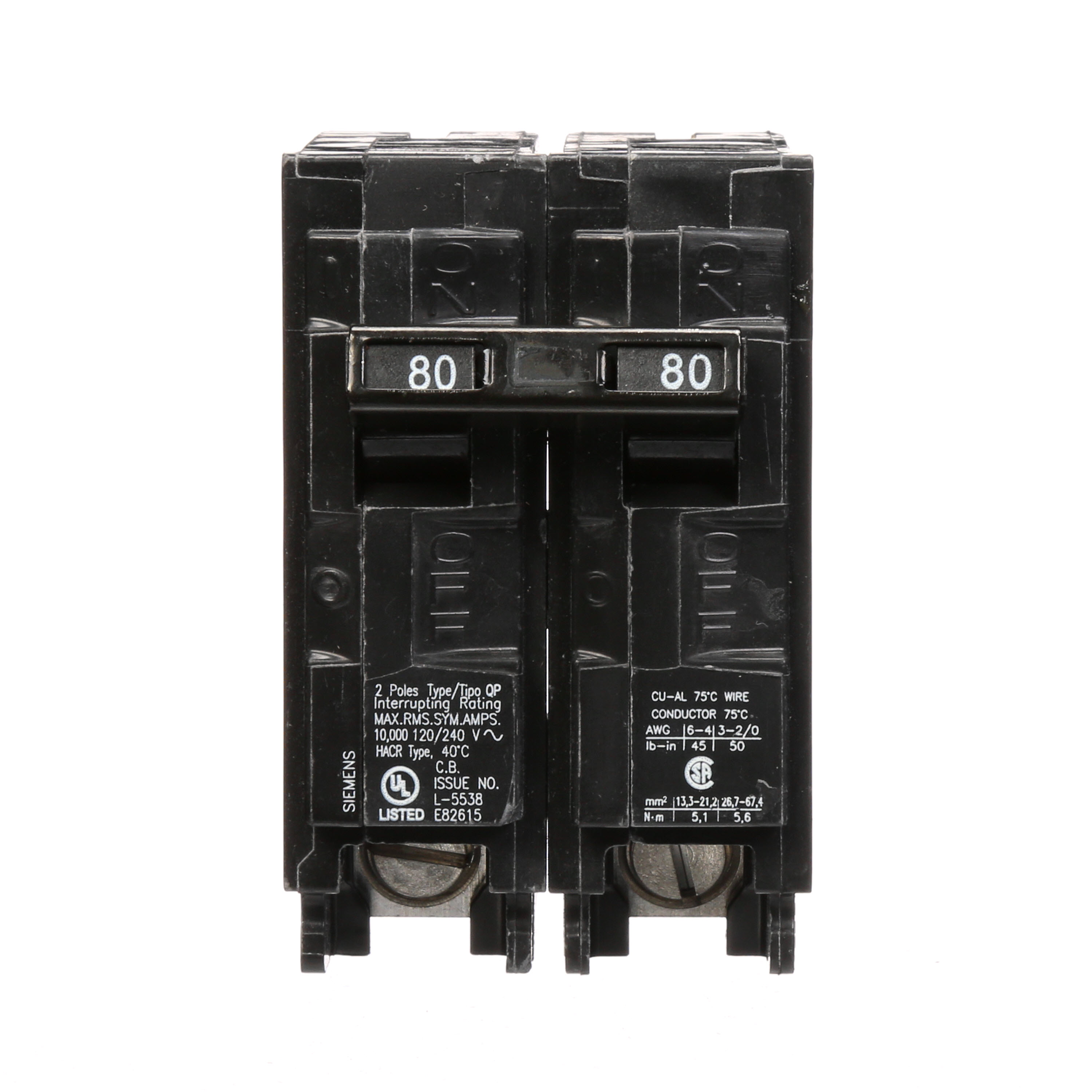 Siemens Low Voltage Residential Circuit Breakers Miniature Thermal Mag Circuit Breakers - Type QP/MP, 2-Pole, 120/240VAC are Circuit Protection Load Center Mains, Feeders, and Miniature Circuit Breakers. Type QP/MP Application Electrical Distribution Standard UL 489 Voltage Rating 120/240V Amperage Rating 80A Trip Range Thermal Magnetic Interrupt Rating 10 AIC Number Of Poles 2P