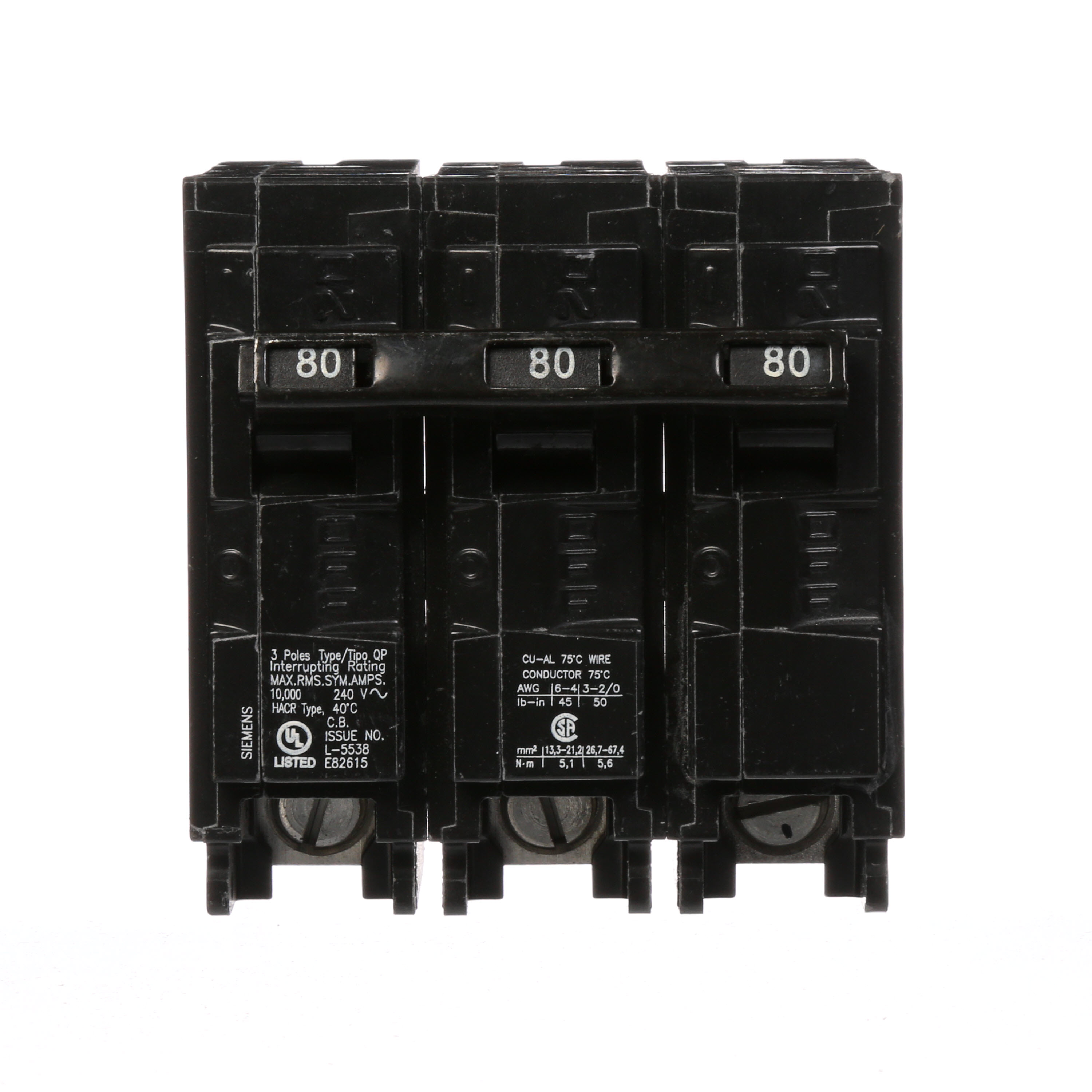 Siemens Low Voltage Residential Circuit Breakers Miniature Thermal Mag Circuit Breakers - Type QP/MP, 3-Pole, 240VAC are Circuit Protection Load Center Mains, Feeders, and Miniature Circuit Breakers. Type QP/MP Application Electrical Distribution Standard UL 489 Voltage Rating 240V Amperage Rating 80A Trip Range Thermal Magnetic Interrupt Rating 10 AIC Number Of Poles 3P