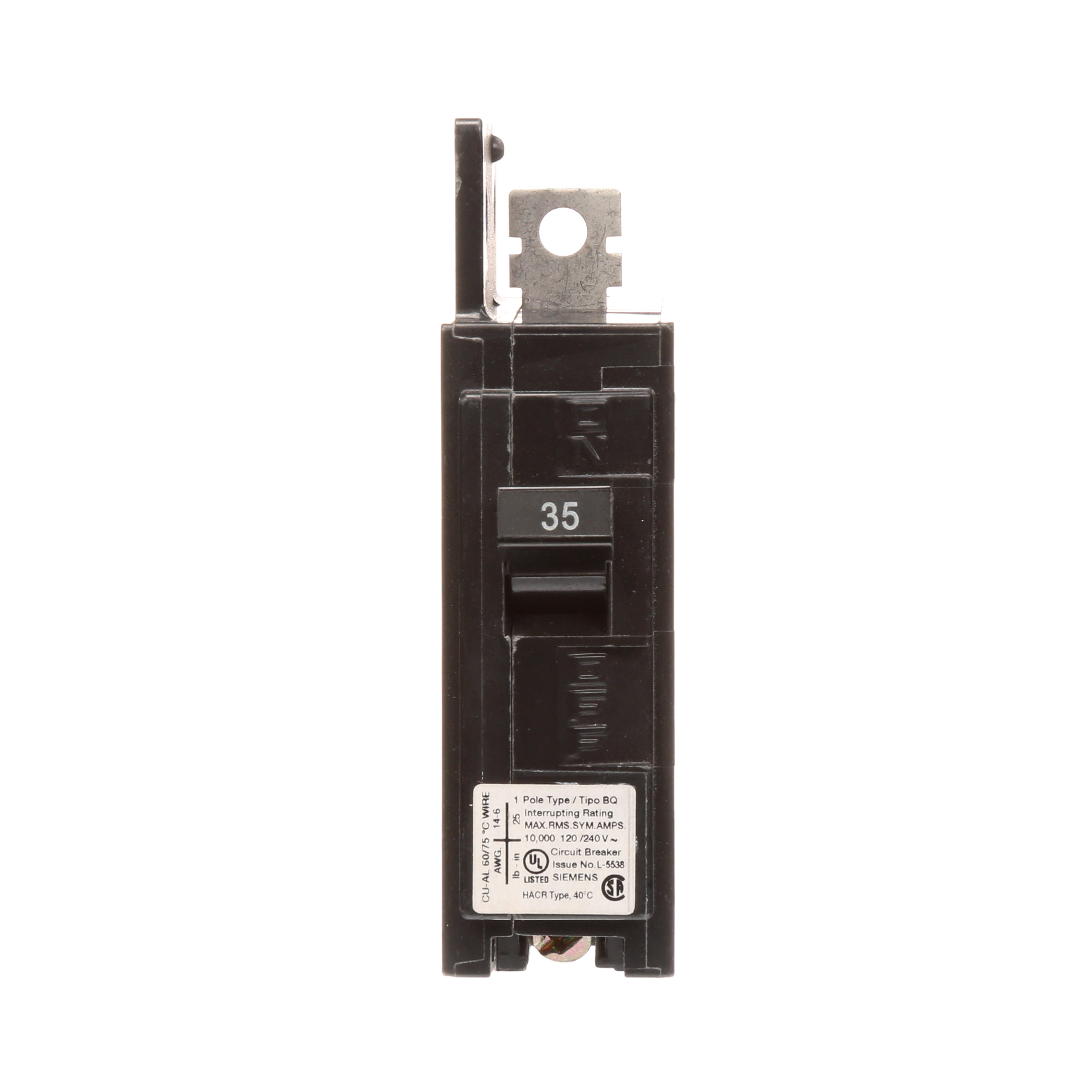 Siemens Low Voltage Molded Case Circuit Breakers General Purpose MCCBs are Circuit Protection Molded Case Circuit Breakers. 1-Pole circuit breaker type BQ. Rated 120V (035A) (AIR 10 kA). Special features Load side lugs are included.