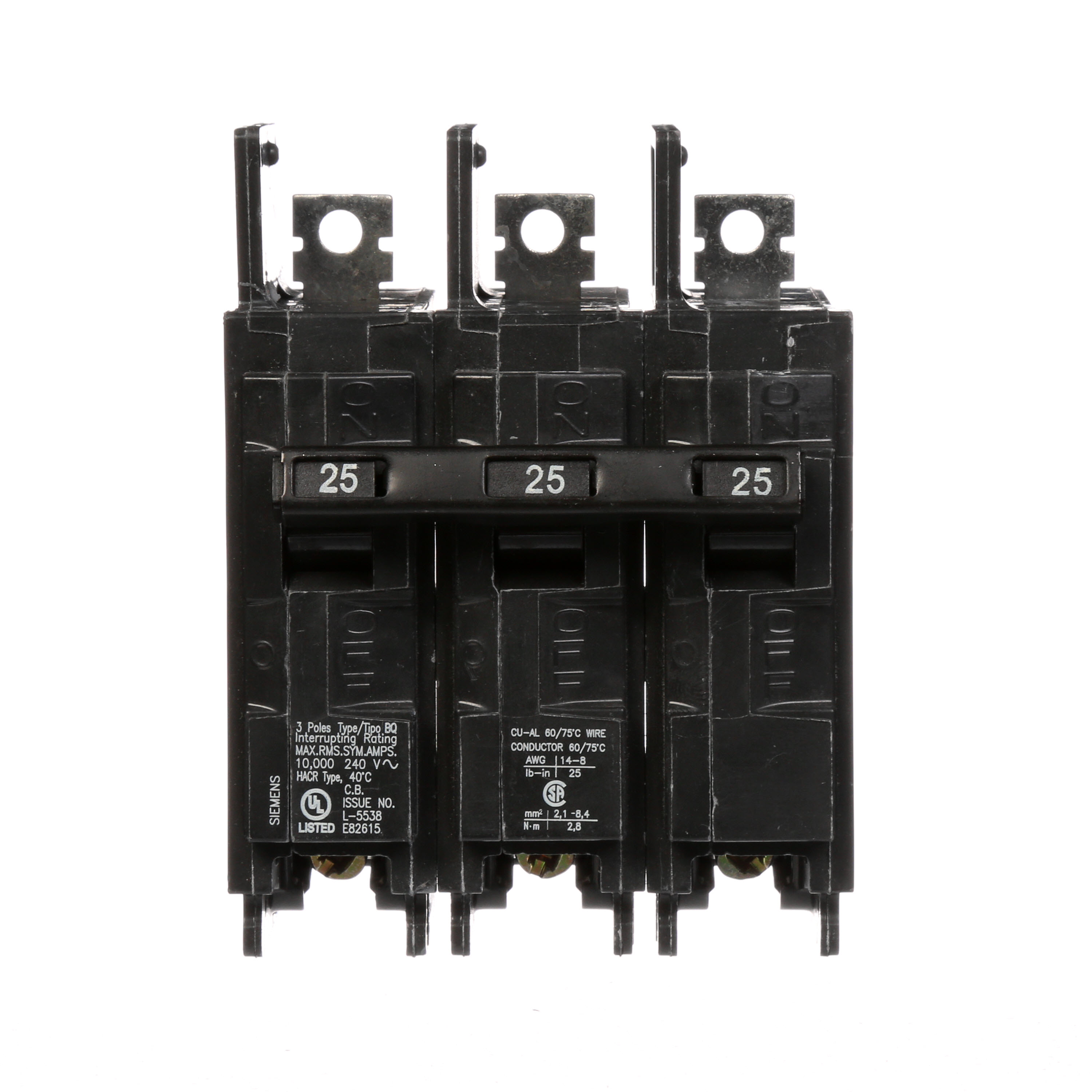 Siemens Low Voltage Molded Case Circuit Breakers General Purpose MCCBs are Circuit Protection Molded Case Circuit Breakers. 3-Pole Common-Trip circuit breaker type BQ. Rated 240V (025A) (AIR 10 kA). Special features Load side lugs are included.