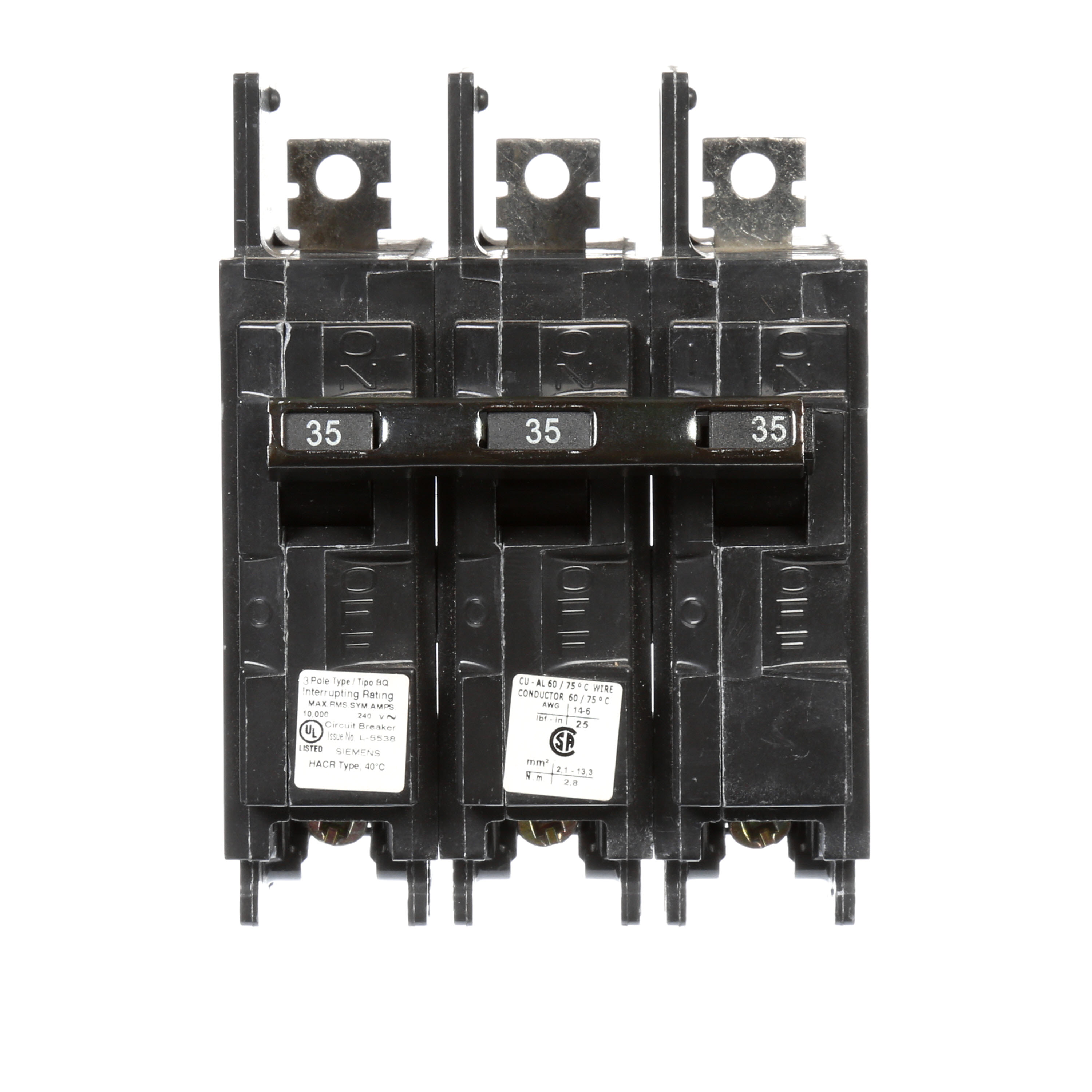 Siemens Low Voltage Molded Case Circuit Breakers General Purpose MCCBs are Circuit Protection Molded Case Circuit Breakers. 3-Pole Common-Trip circuit breaker type BQ. Rated 240V (035A) (AIR 10 kA). Special features Load side lugs are included.