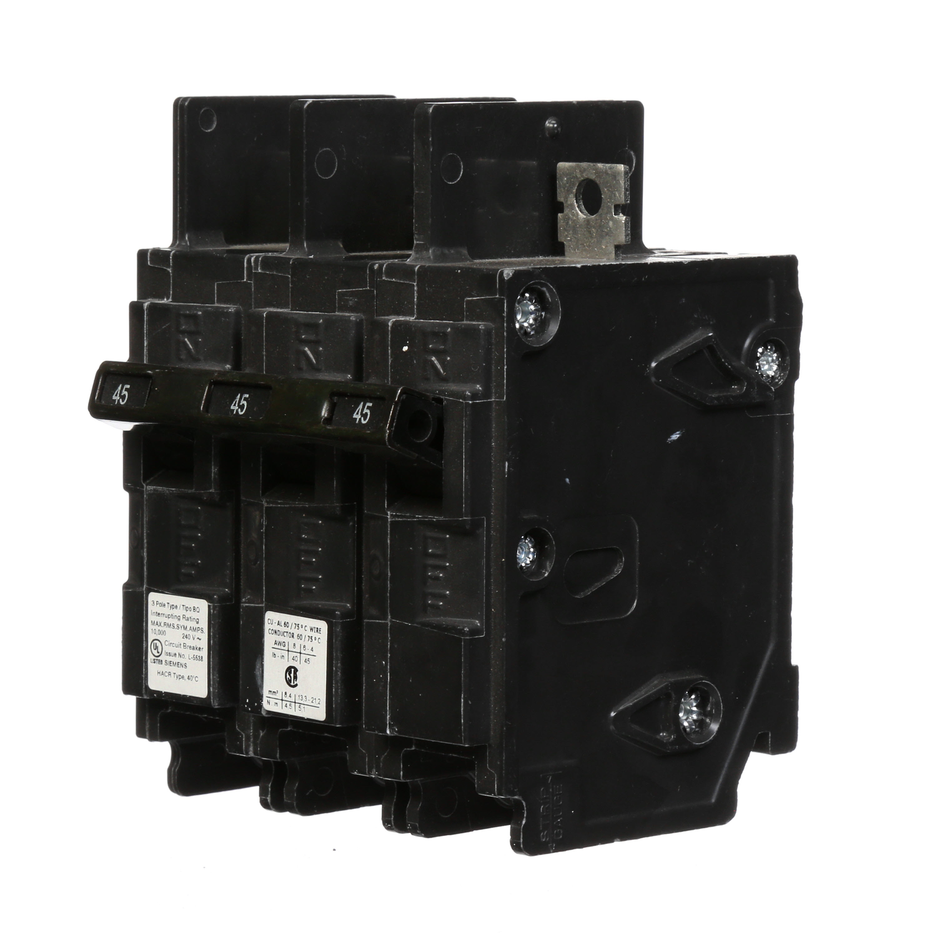 Siemens Low Voltage Molded Case Circuit Breakers General Purpose MCCBs are Circuit Protection Molded Case Circuit Breakers. 3-Pole Common-Trip circuit breaker type BQ. Rated 240V (045A) (AIR 10 kA). Special features Load side lugs are included.