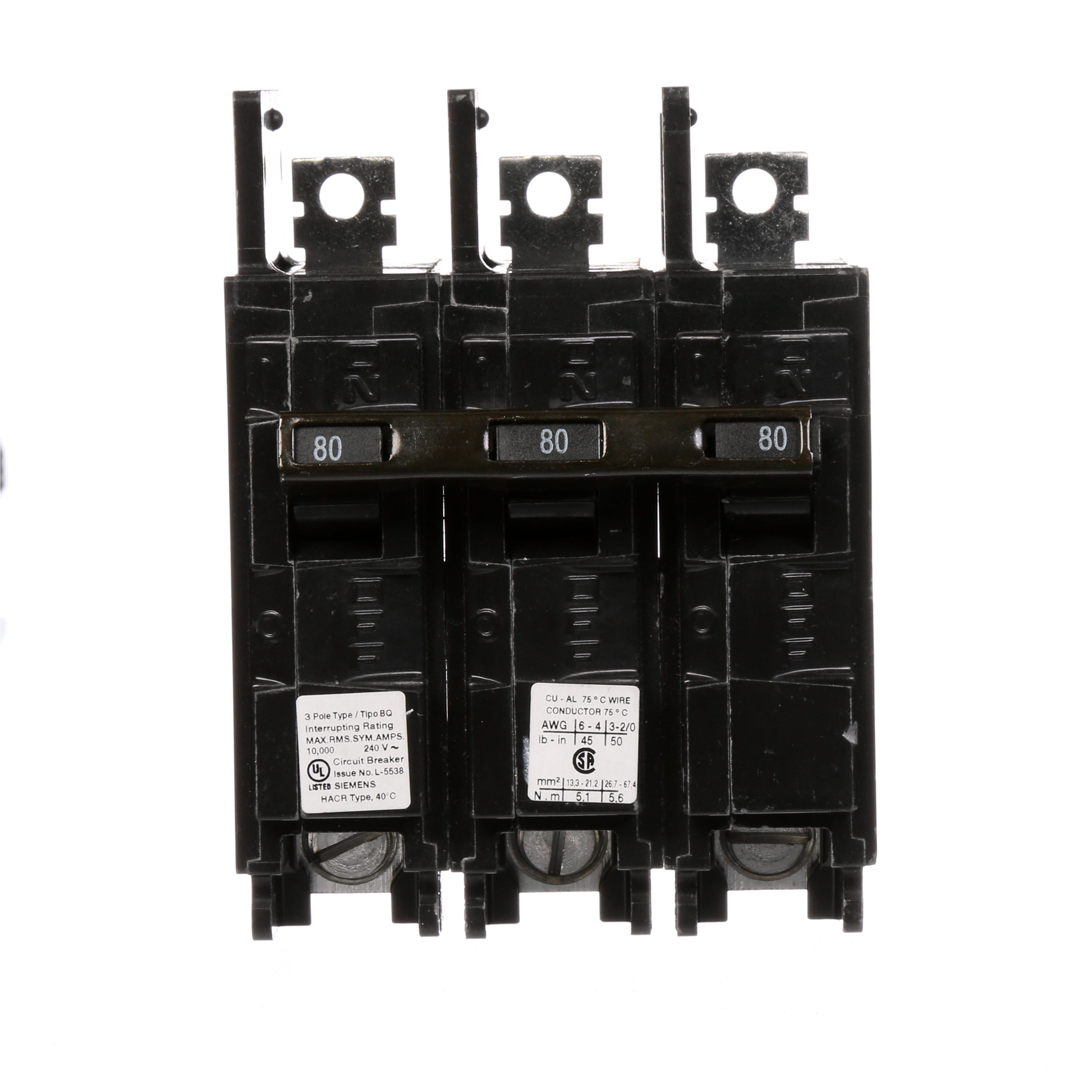 Siemens Low Voltage Molded Case Circuit Breakers General Purpose MCCBs are Circuit Protection Molded Case Circuit Breakers. 3-Pole Common-Trip circuit breaker type BQ. Rated 240V (080A) (AIR 10 kA). Special features Load side lugs are included.