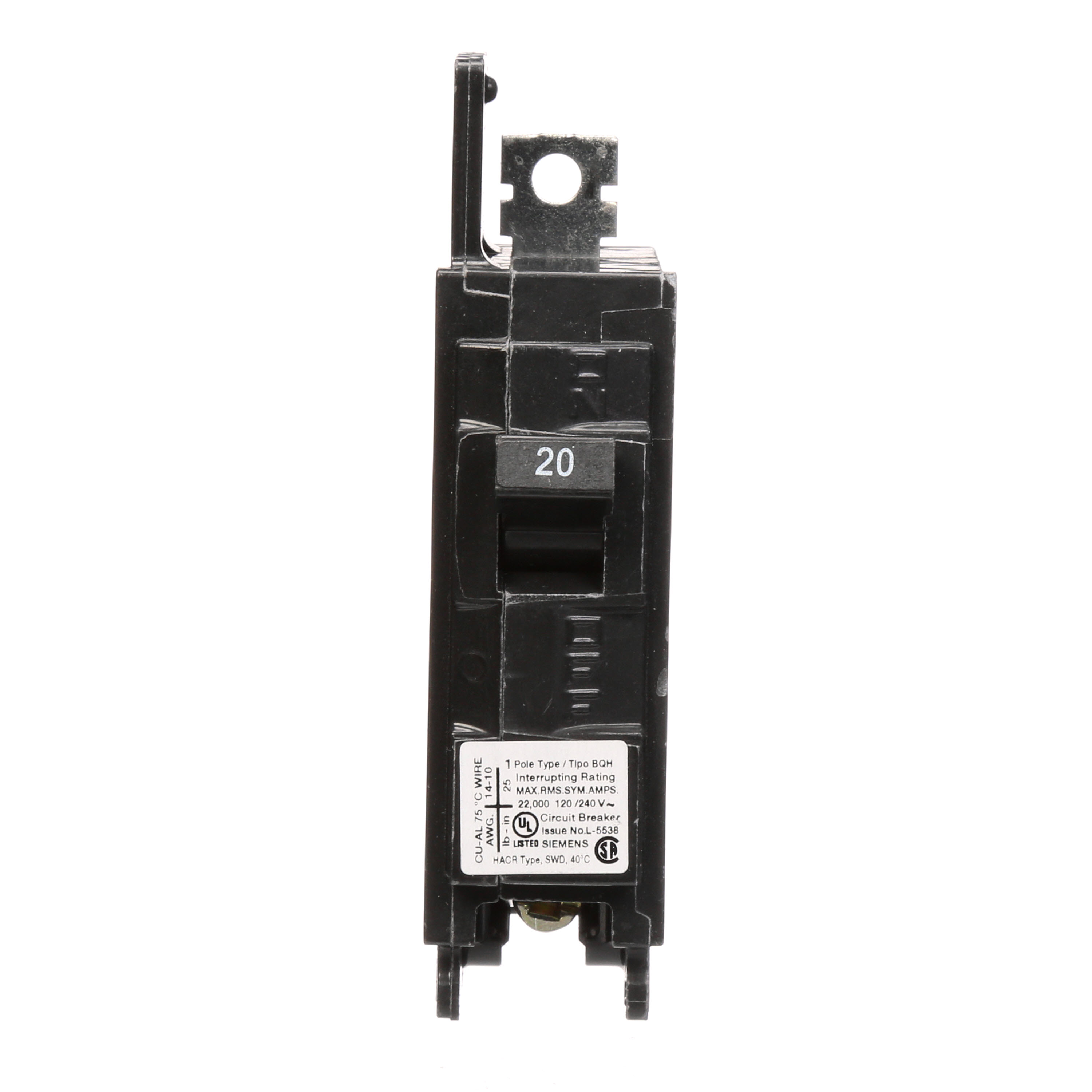 Siemens Low Voltage Molded Case Circuit Breakers General Purpose MCCBs are Circuit Protection Molded Case Circuit Breakers. 1-Pole circuit breaker type BQH. Rated 120V (020A) (AIR 22 kA). Special features Load side lugs are included.