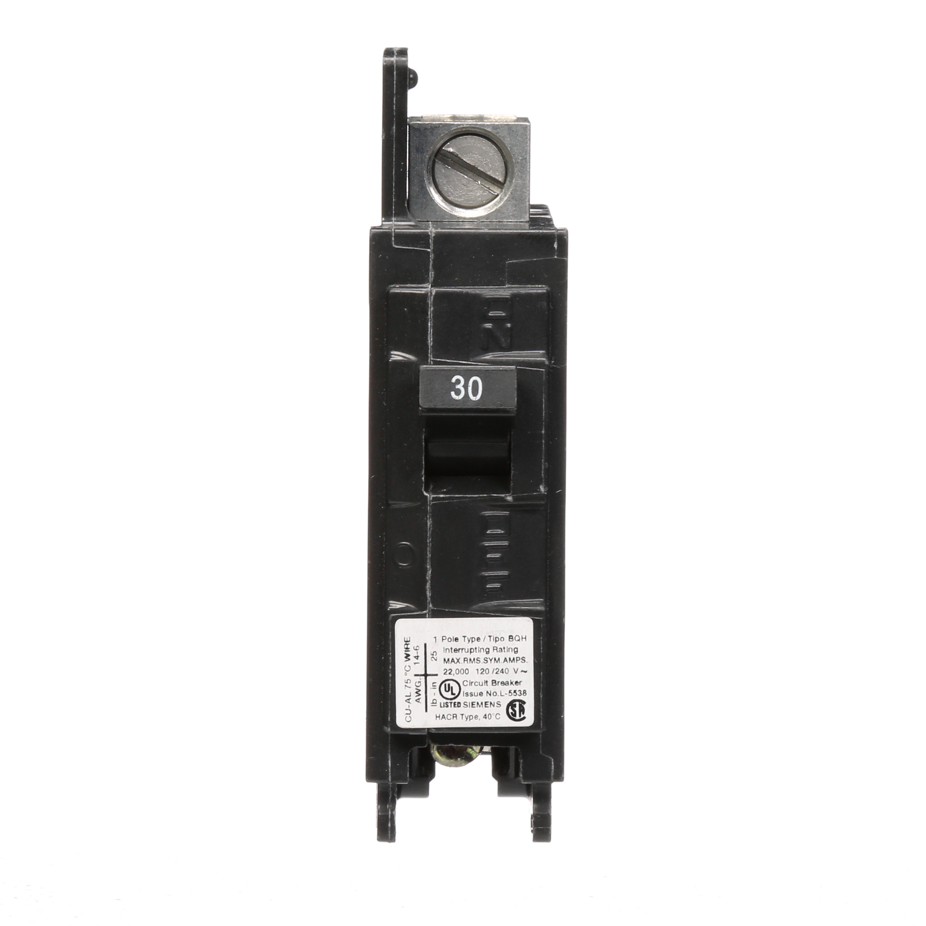Siemens Low Voltage Molded Case Circuit Breakers General Purpose MCCBs are Circuit Protection Molded Case Circuit Breakers. 1-Pole circuit breaker type BQH. Rated 120V (030A) (AIR 22 kA). Special features Load side lugs are included.