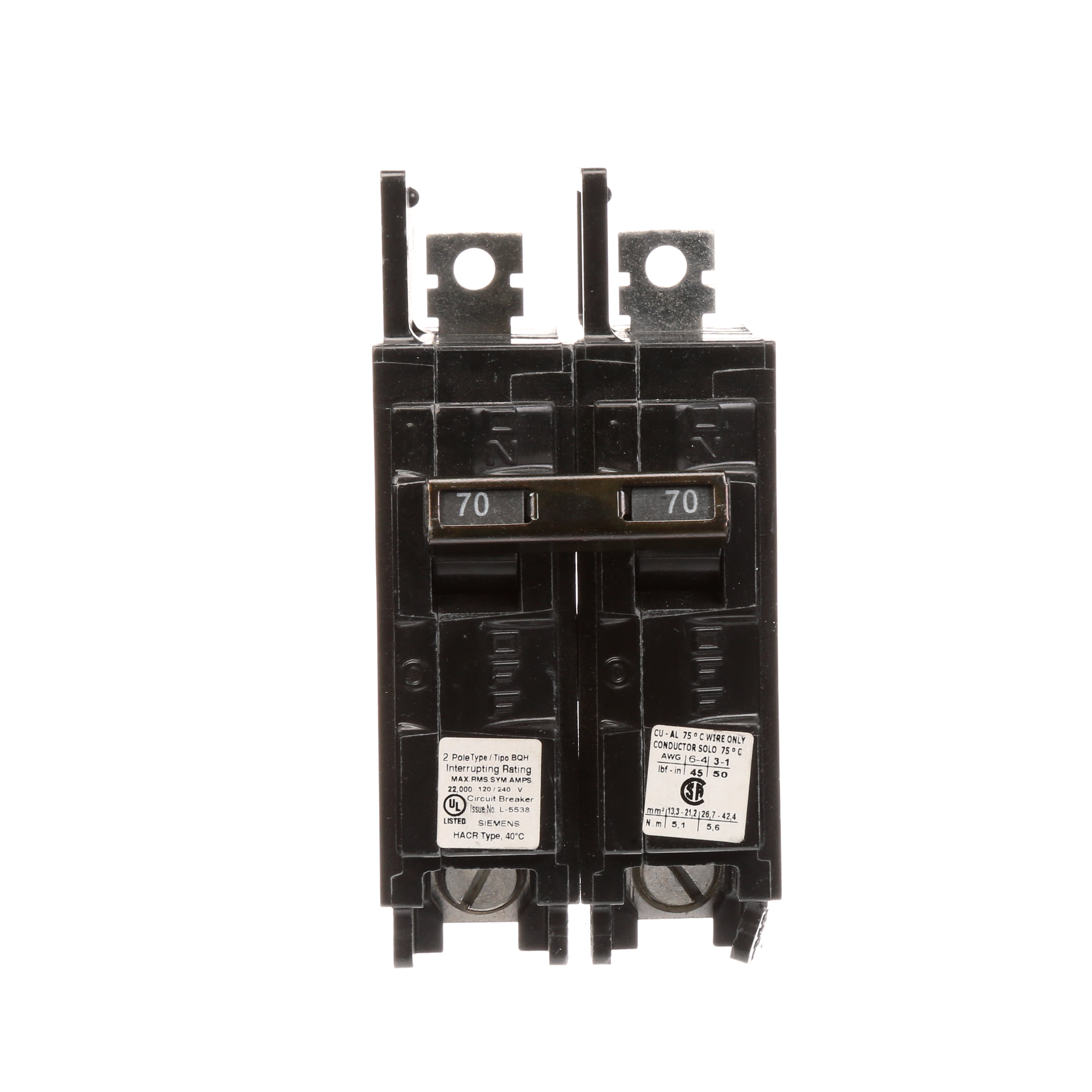 Siemens Low Voltage Molded Case Circuit Breakers General Purpose MCCBs - Type BQ, 2-Pole, 120/240VAC are Circuit Protection Molded Case Circuit Breakers. 2-Pole Common-Trip circuit breaker type BQH. Rated 120/240V (070A) (AIR 22 kA). Special features Load side lugs are included.