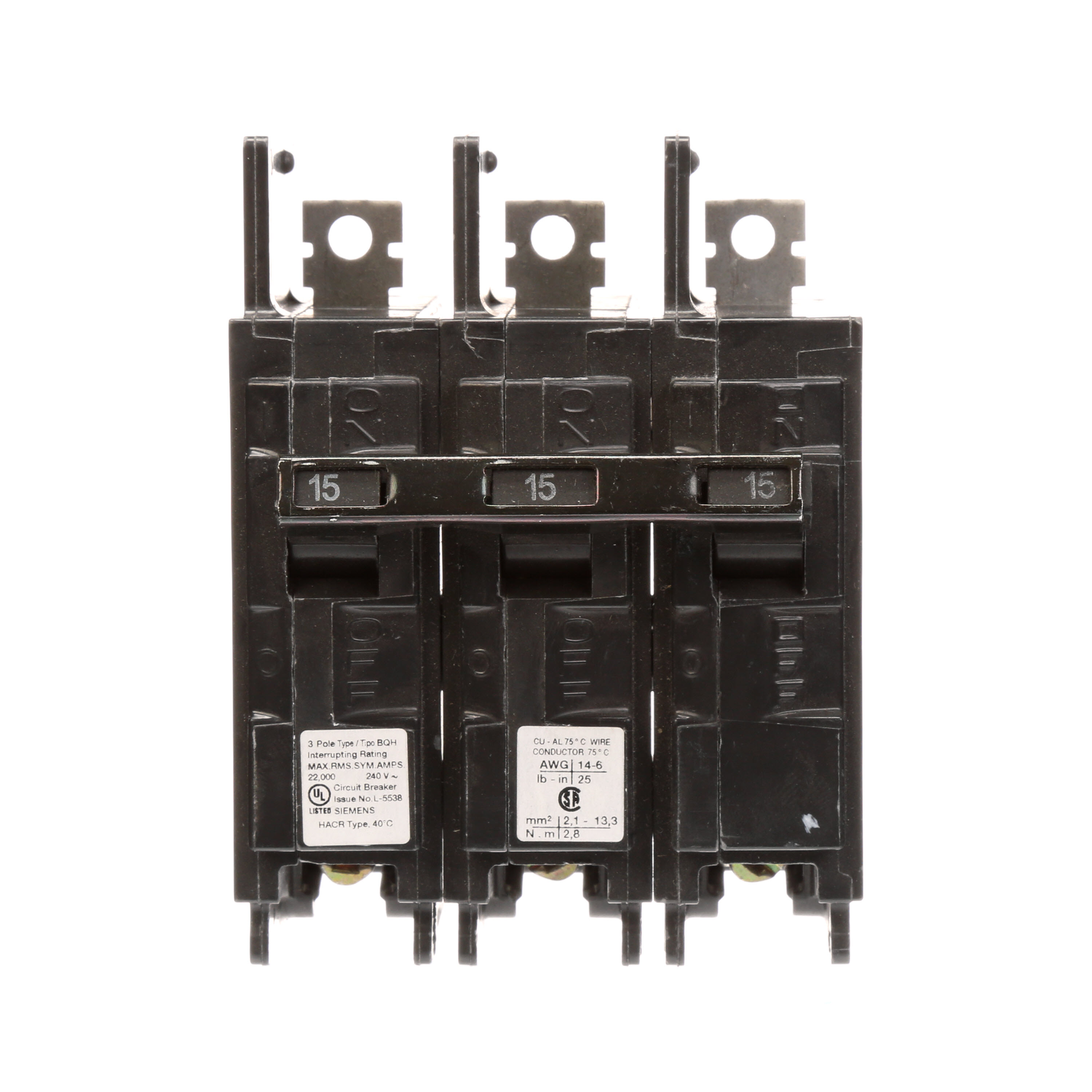 Siemens Low Voltage Molded Case Circuit Breakers General Purpose MCCBs are Circuit Protection Molded Case Circuit Breakers. 3-Pole Common-Trip circuit breaker type BQH. Rated 240V (015A) (AIR 22 kA). Special features Load side lugs are included.