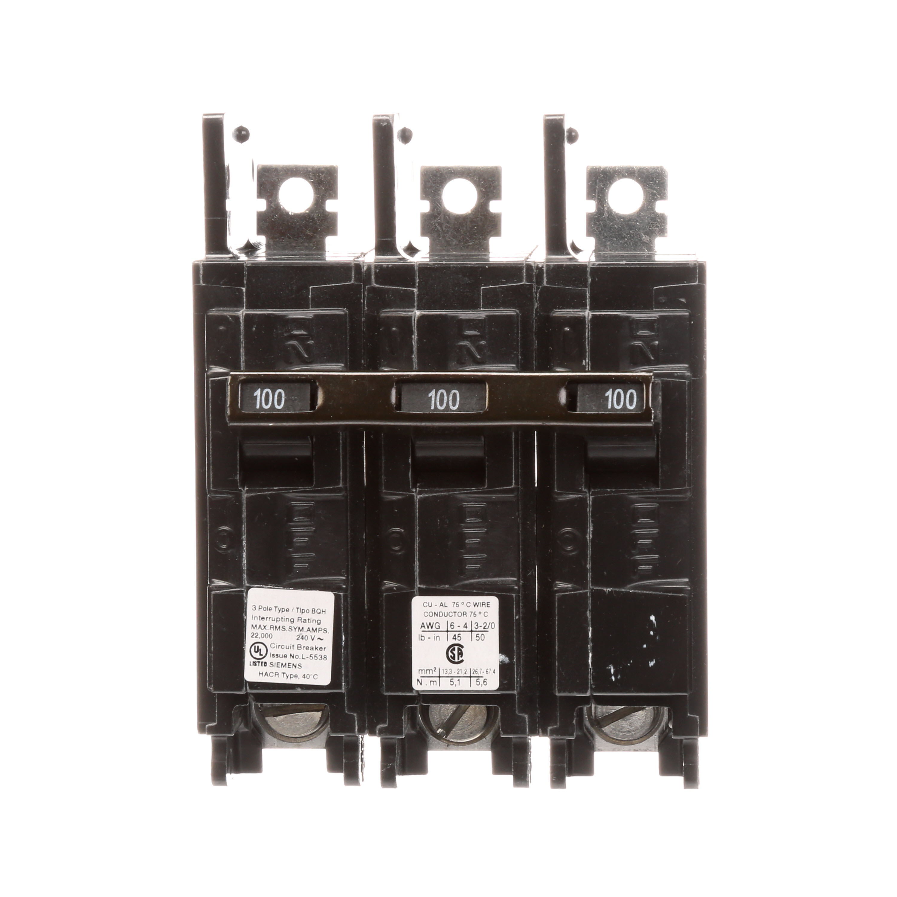 Siemens Low Voltage Molded Case Circuit Breakers General Purpose MCCBs are Circuit Protection Molded Case Circuit Breakers. 3-Pole Common-Trip circuit breaker type BQH. Rated 240V (100A) (AIR 22 kA). Special features Load side lugs are included.