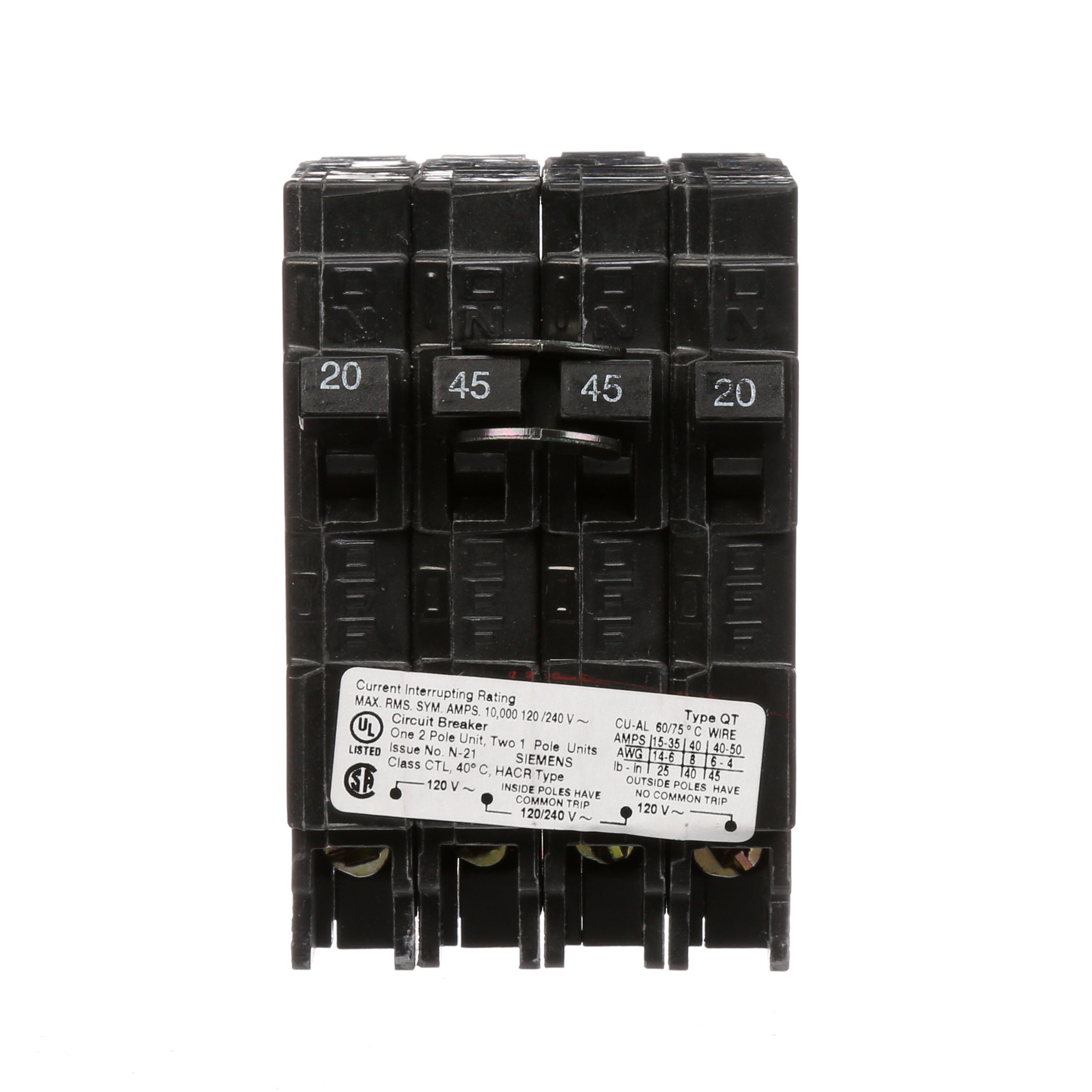 Siemens Low Voltage Residential Circuit Breakers Miniature Thermal Mag Circuit Breakers - Duplex, Triplex, Quadplex are Circuit Protection Load Center Mains, Feeders, and Miniature Circuit Breakers. Type QT Application Electrical Distribution Standard UL 489 Voltage Rating 120/240V Amperage Rating 20-45A Trip Range Thermal Magnetic Interrupt Rating 10 AIC Number Of Poles Two single poles and one double pole