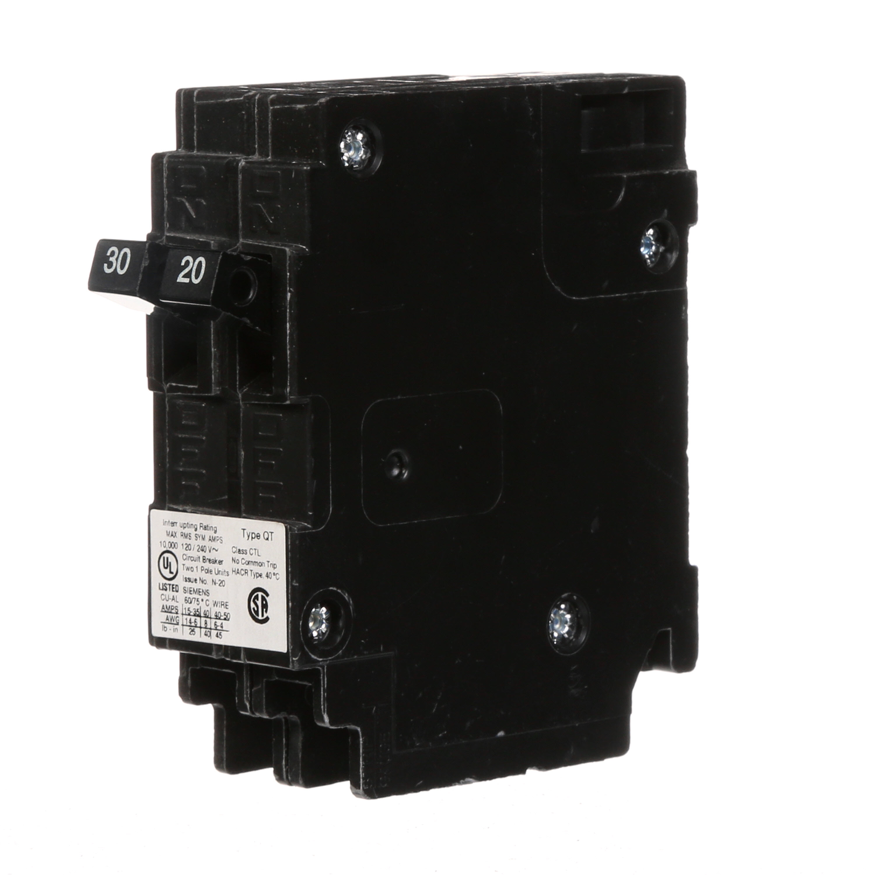 Siemens Low Voltage Residential Circuit Breakers Miniature Thermal Mag Circuit Breakers - Duplex, Triplex, Quadplex are Circuit Protection Load Center Mains, Feeders, and Miniature Circuit Breakers. Type QT Application Electrical Distribution Standard UL 489 Voltage Rating 120V Amperage Rating 30-20A Trip Range Thermal Magnetic Interrupt Rating 10 AIC Number Of Poles 1P