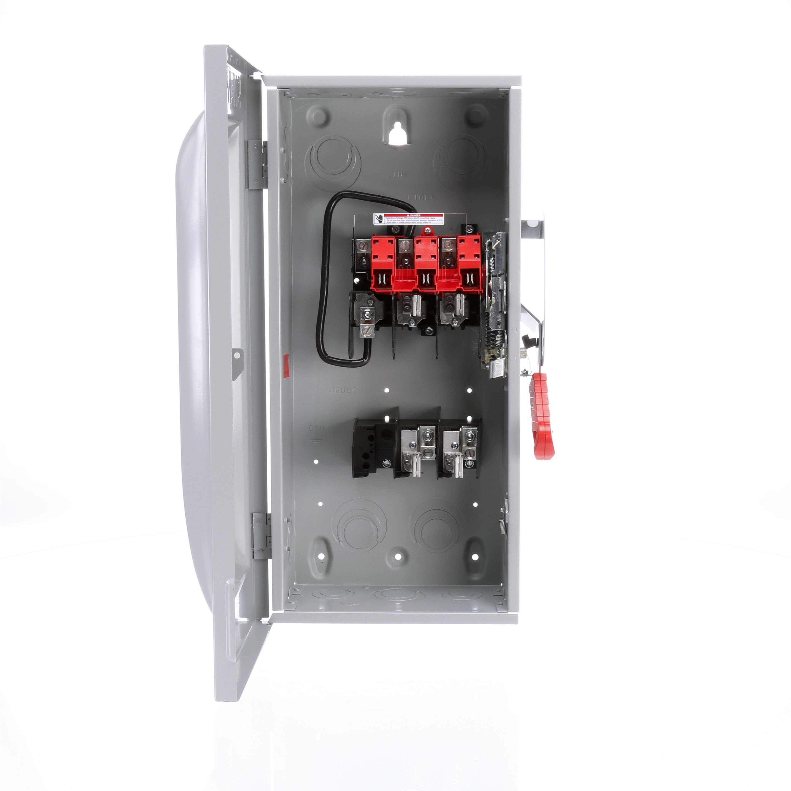 Siemens Low Voltage Circuit Protection Heavy Duty Safety Switch. 2-Pole 2-Fuse Fused in a type 1 enclosure (indoor). Rated 600VAC (100A).