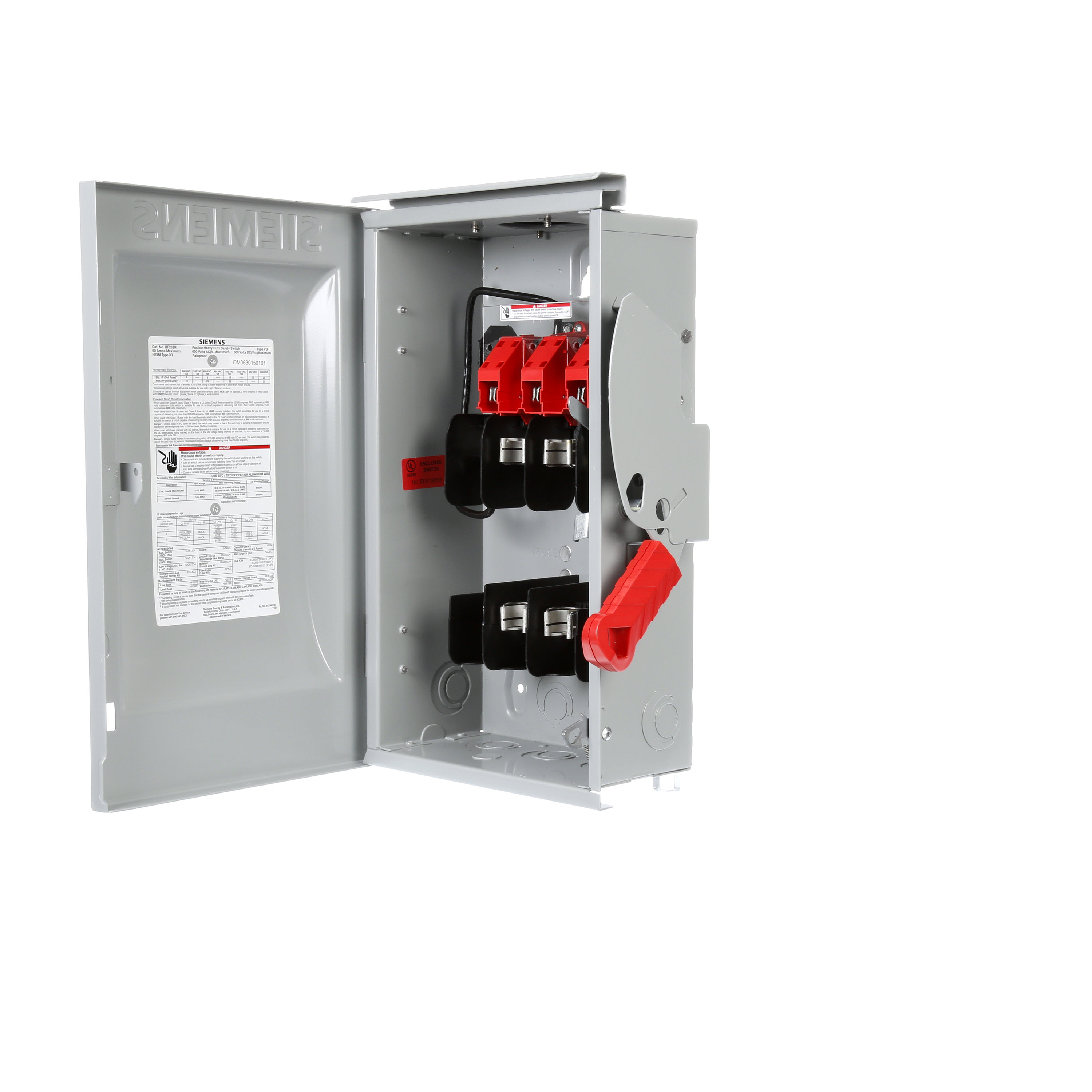 Siemens Low Voltage Circuit Protection Heavy Duty Safety Switch. 2-Pole 2-Fuse Fused in a type 3R enclosure (outdoor). Rated 600VAC (60A).