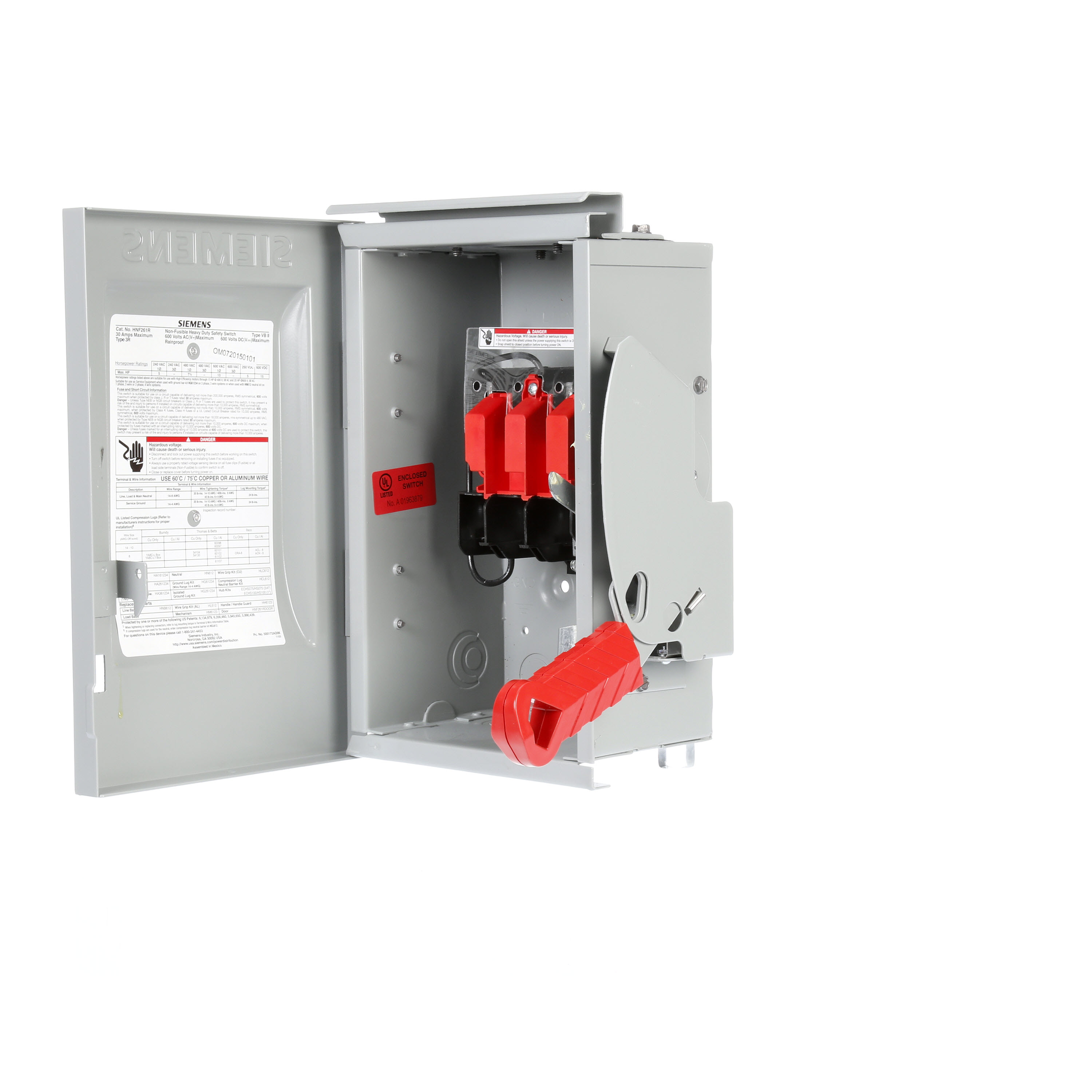 Siemens Low Voltage Circuit Protection Heavy Duty Safety Switch. 2-Pole Non-Fused in a type 3R enclosure (outdoor). Rated 600VAC (30A).