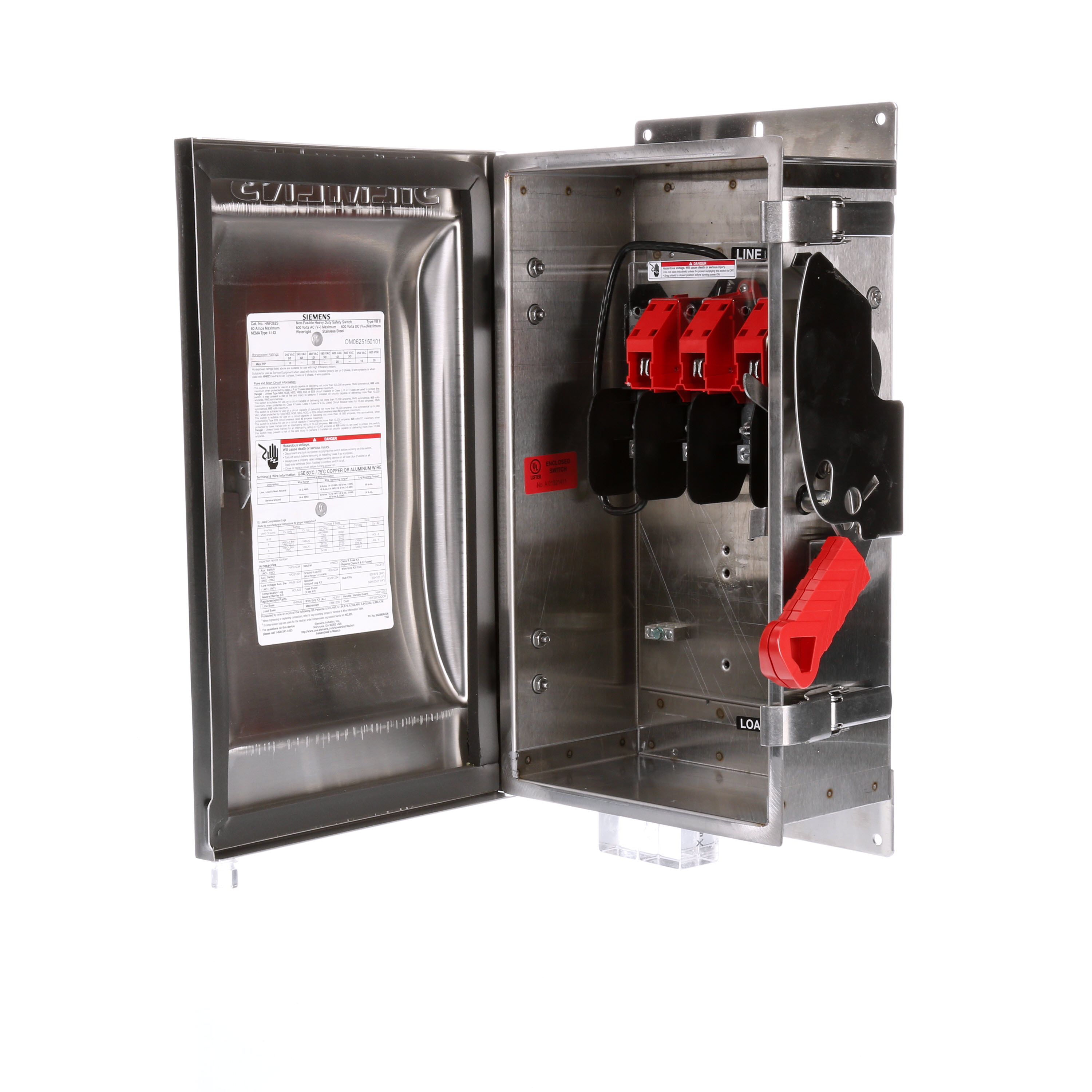 Siemens Low Voltage Circuit Protection Heavy Duty Safety Switch. 2-Pole Non-Fused in a type 4/4X 304 grade Stainless Steel enclosure. Rated 600VAC (60A).