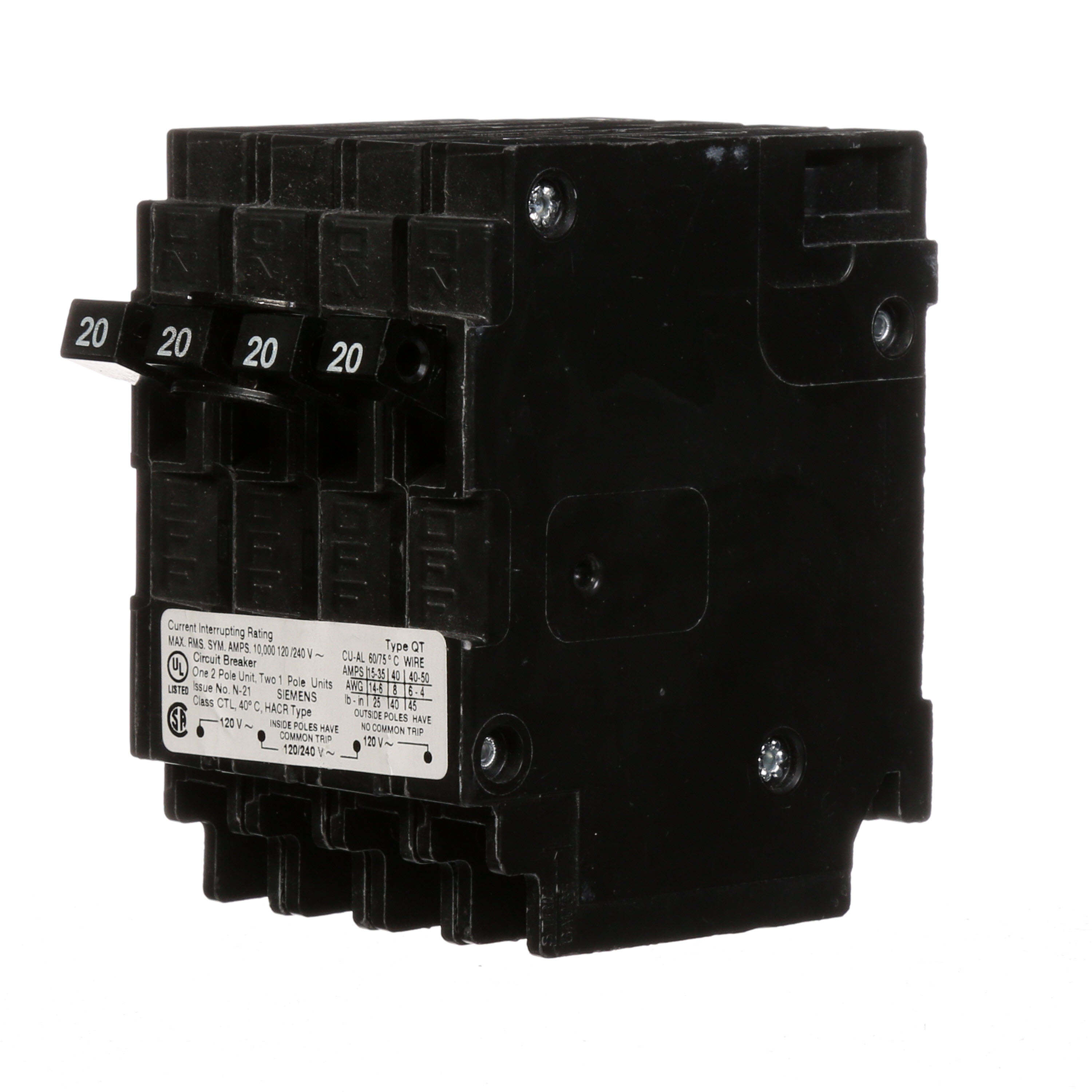 Siemens Low Voltage Residential Circuit Breakers Miniature Thermal Mag Circuit Breakers - Duplex, Triplex, Quadplex are Circuit Protection Load Center Mains, Feeders, and Miniature Circuit Breakers. Type QT Application Electrical Distribution Standard UL 489 Voltage Rating 120/240V Amperage Rating 20-20A Trip Range Thermal Magnetic Interrupt Rating 10 AIC Number Of Poles Two single poles and one double pole