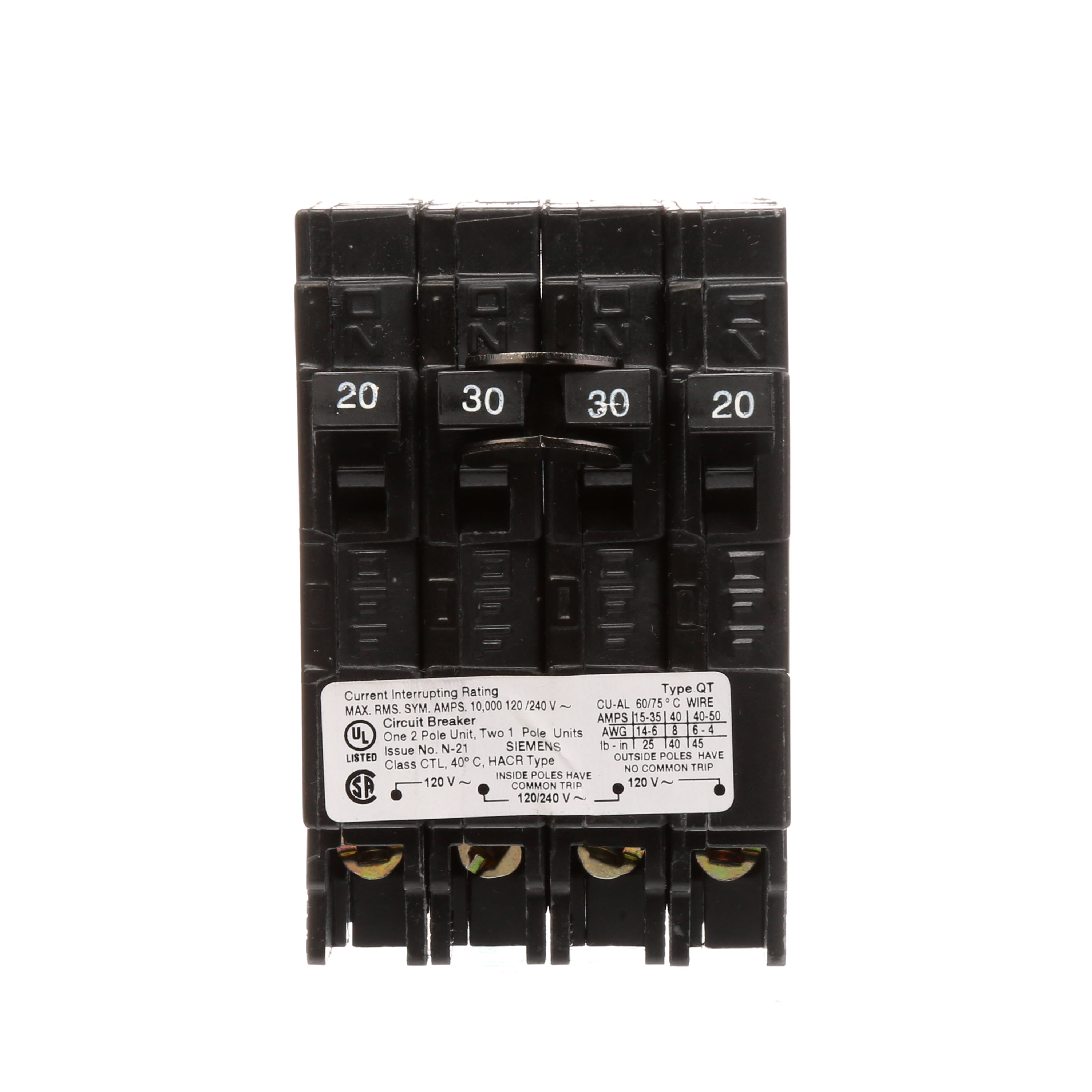 Siemens Low Voltage Residential Circuit Breakers Miniature Thermal Mag Circuit Breakers - Duplex, Triplex, Quadplex are Circuit Protection Load Center Mains, Feeders, and Miniature Circuit Breakers. Type QT Application Electrical Distribution Standard UL 489 Voltage Rating 120/240V Amperage Rating 20-30A Trip Range Thermal Magnetic Interrupt Rating 10 AIC Number Of Poles Two single poles and one double pole