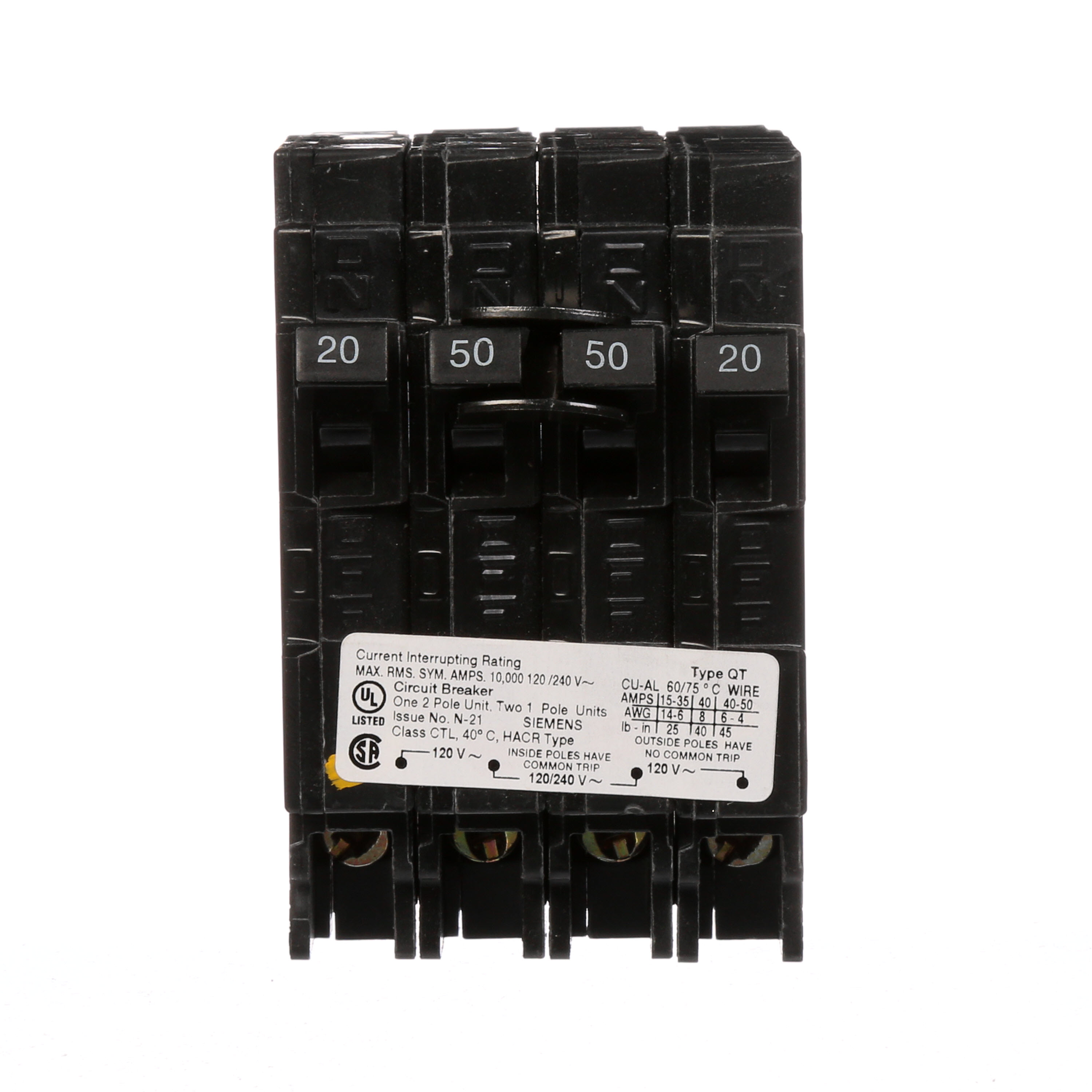 Siemens Low Voltage Residential Circuit Breakers Miniature Thermal Mag Circuit Breakers - Duplex, Triplex, Quadplex are Circuit Protection Load Center Mains, Feeders, and Miniature Circuit Breakers. Type QT Application Electrical Distribution Standard UL 489 Voltage Rating 120/240V Amperage Rating 20-50A Trip Range Thermal Magnetic Interrupt Rating 10 AIC Number Of Poles Two single poles and one double pole