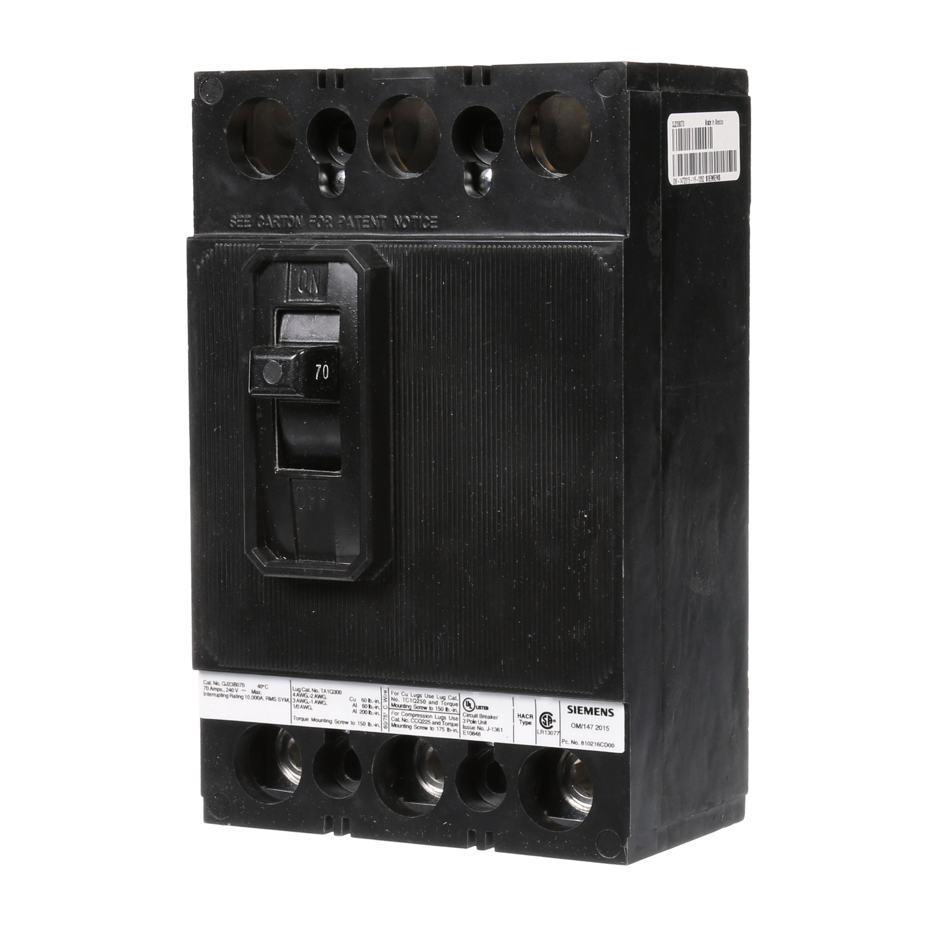 Product image for SIEMENS QJ23B070 3P 70A 240V CB