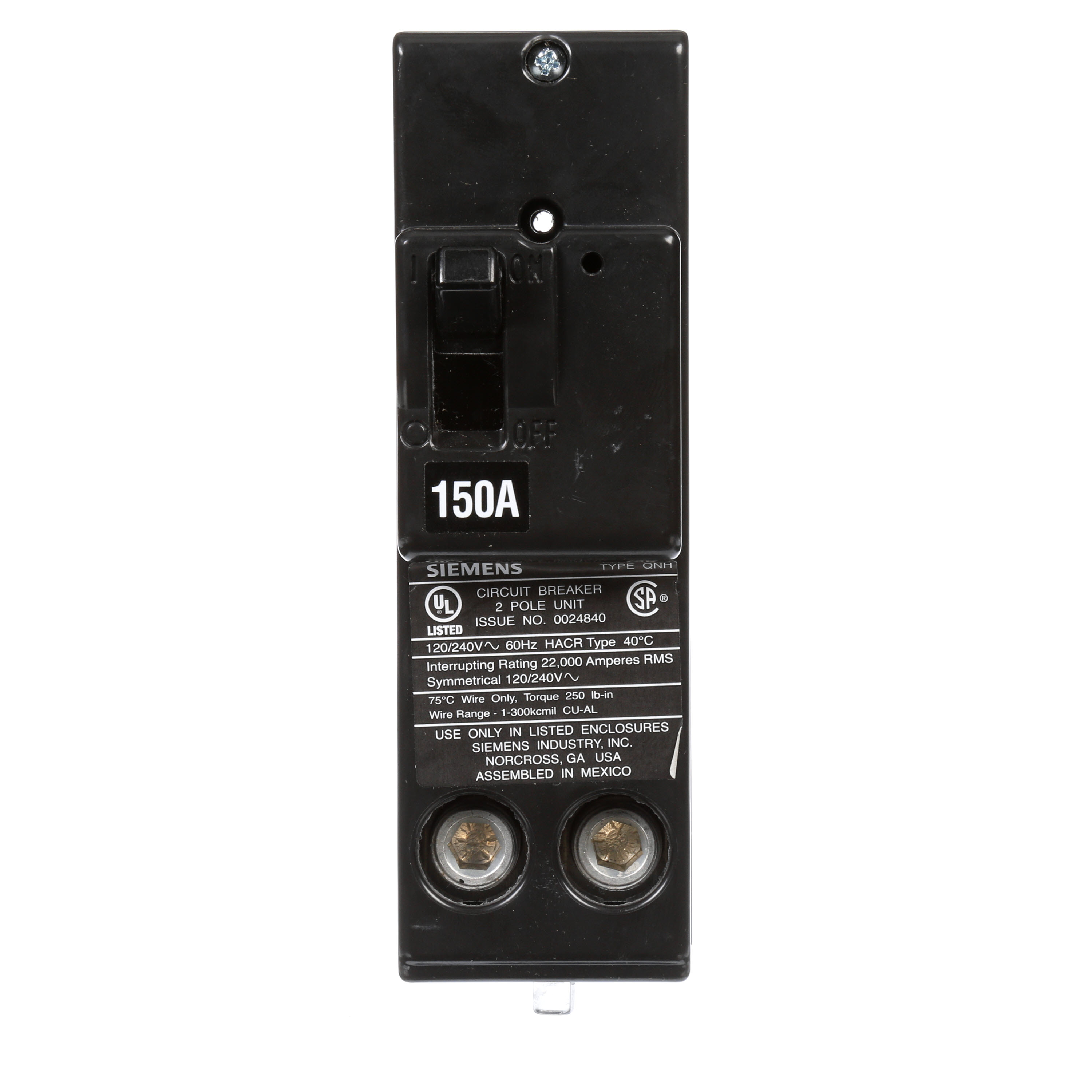 Siemens Low Voltage Residential Circuit Breakers Main Breakers - Branch Main Breakers Non-reversible are Circuit Protection Load Center Mains, Feeders, and Miniature Circuit Breakers. Type QNH Application Electrical Distribution Standard UL 489 Voltage Rating 120/240V Amperage Rating 150A Trip Range Thermal Magnetic Interrupt Rating 22 AIC Number Of Poles 2P