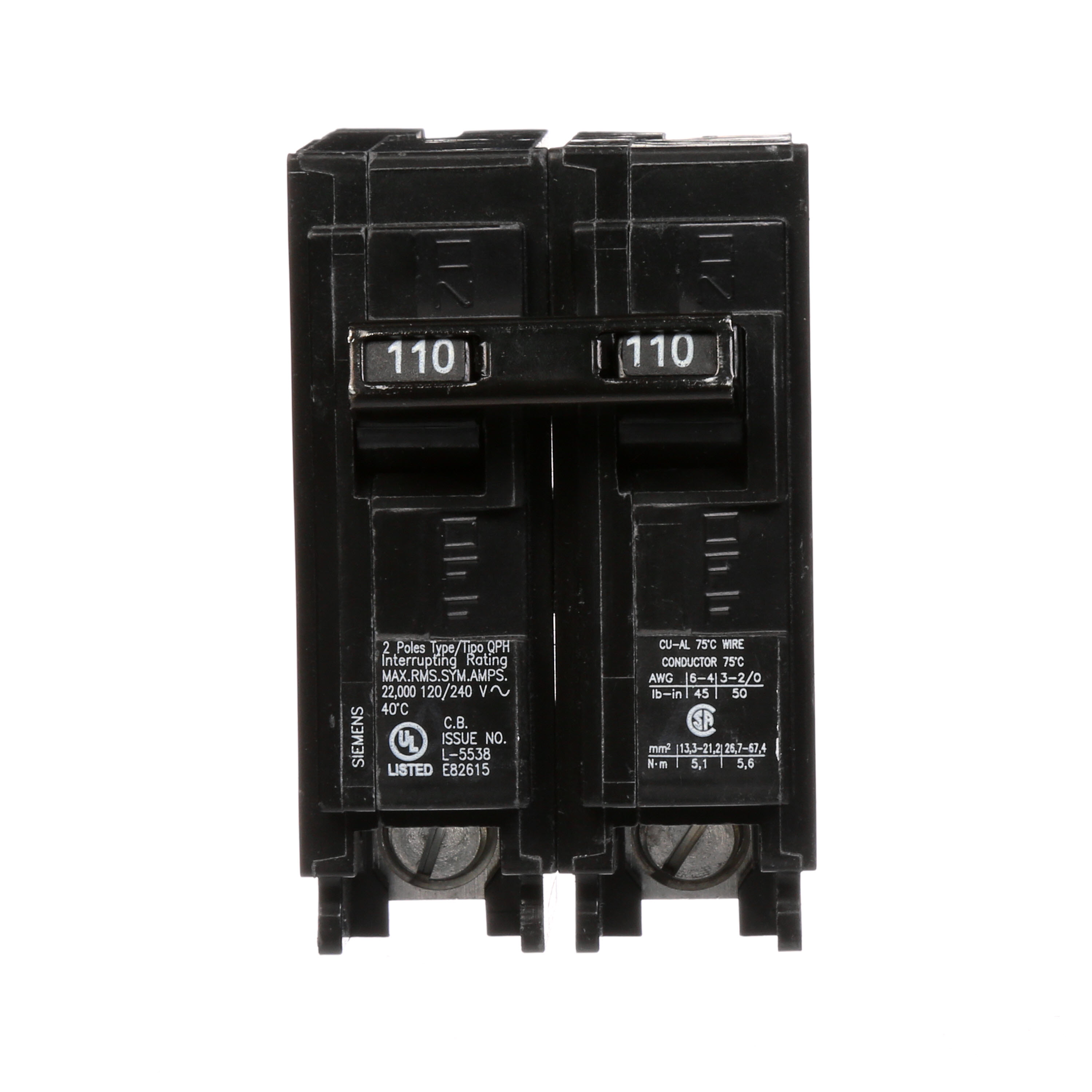 Siemens Low Voltage Residential Circuit Breakers Miniature Thermal Mag Circuit Breakers - Type QP/MP, 2-Pole, 120/240VAC are Circuit Protection Load Center Mains, Feeders, and Miniature Circuit Breakers. Type QP/MP Application Electrical Distribution Standard UL 489 Voltage Rating 120/240V Amperage Rating 110A Trip Range Thermal Magnetic Interrupt Rating 22 AIC Number Of Poles 2P