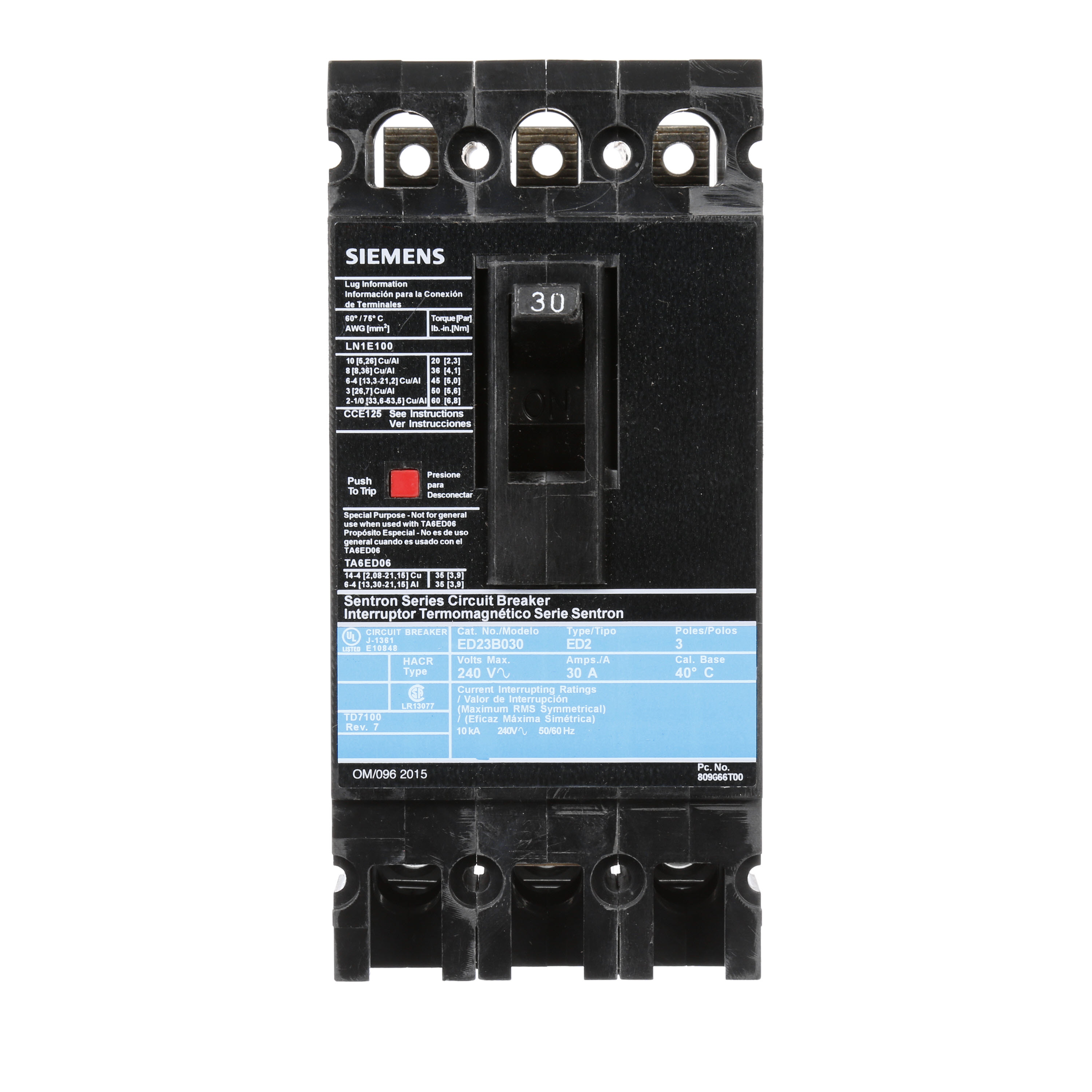 SIEMENS LOW VOLTAGE SENTRON MOLDED CASE CIRCUIT BREAKER WITH THERMAL - MAGNETICTRIP UNIT. STANDARD 40 DEG C BREAKER ED FRAME WITH STANDARD BREAKING CAPACITY. 30A 3-POLE (10KAIC AT 240V). NON-INTERCHANGEABLE TRIP UNIT. SPECIAL FEATURES LOAD LUGS ONLY (LN1E100) WIRE RANGE 10 - 1/0AWG (CU/AL). DIMENSIONS (W x H x D) IN 3.00 x 6.4 x 3.92.