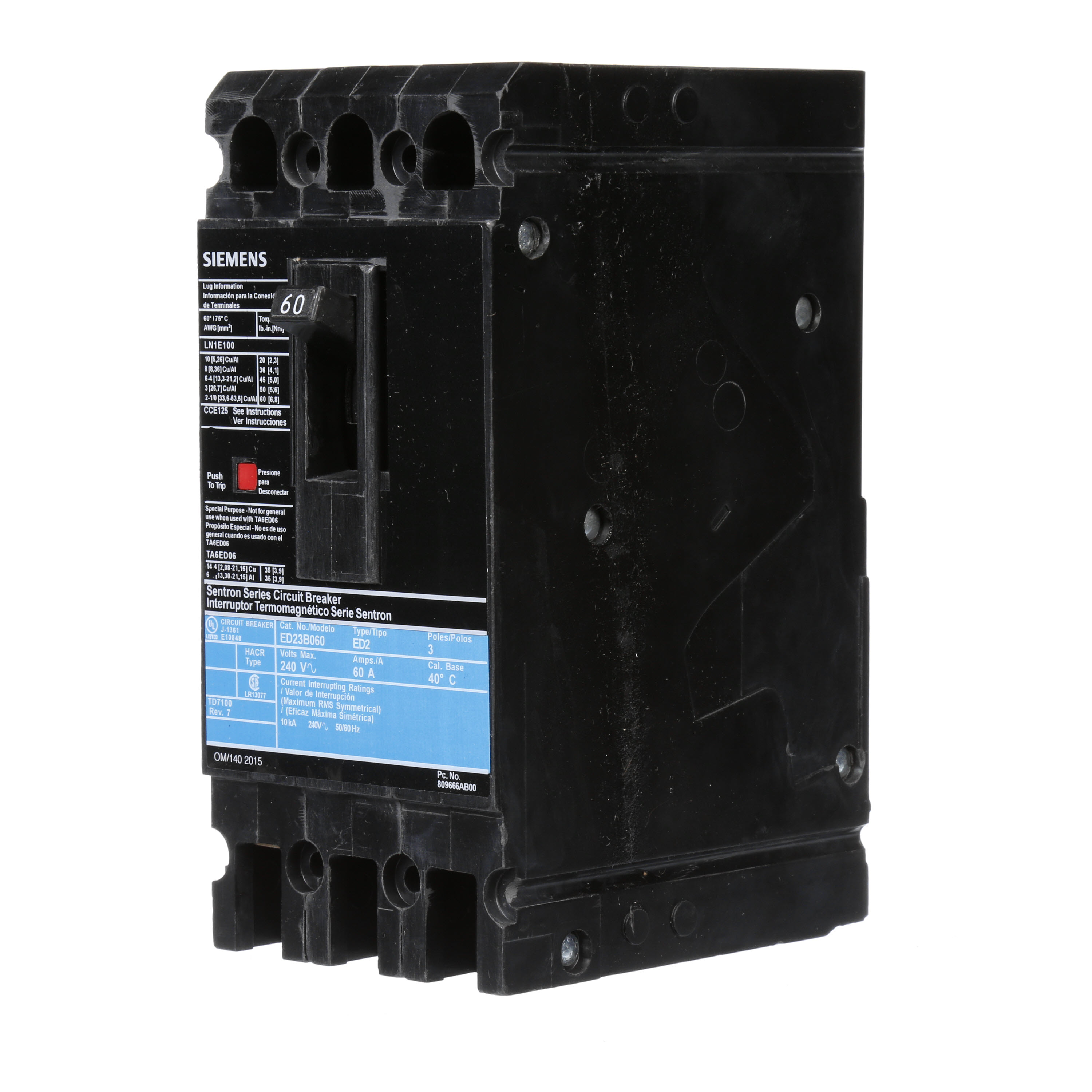 SIEMENS LOW VOLTAGE SENTRON MOLDED CASE CIRCUIT BREAKER WITH THERMAL - MAGNETICTRIP UNIT. STANDARD 40 DEG C BREAKER ED FRAME WITH STANDARD BREAKING CAPACITY. 60A 3-POLE (10KAIC AT 240V). NON-INTERCHANGEABLE TRIP UNIT. SPECIAL FEATURES LOAD LUGS ONLY (LN1E100) WIRE RANGE 10 - 1/0AWG (CU/AL). DIMENSIONS (W x H x D) IN 3.00 x 6.4 x 3.92.