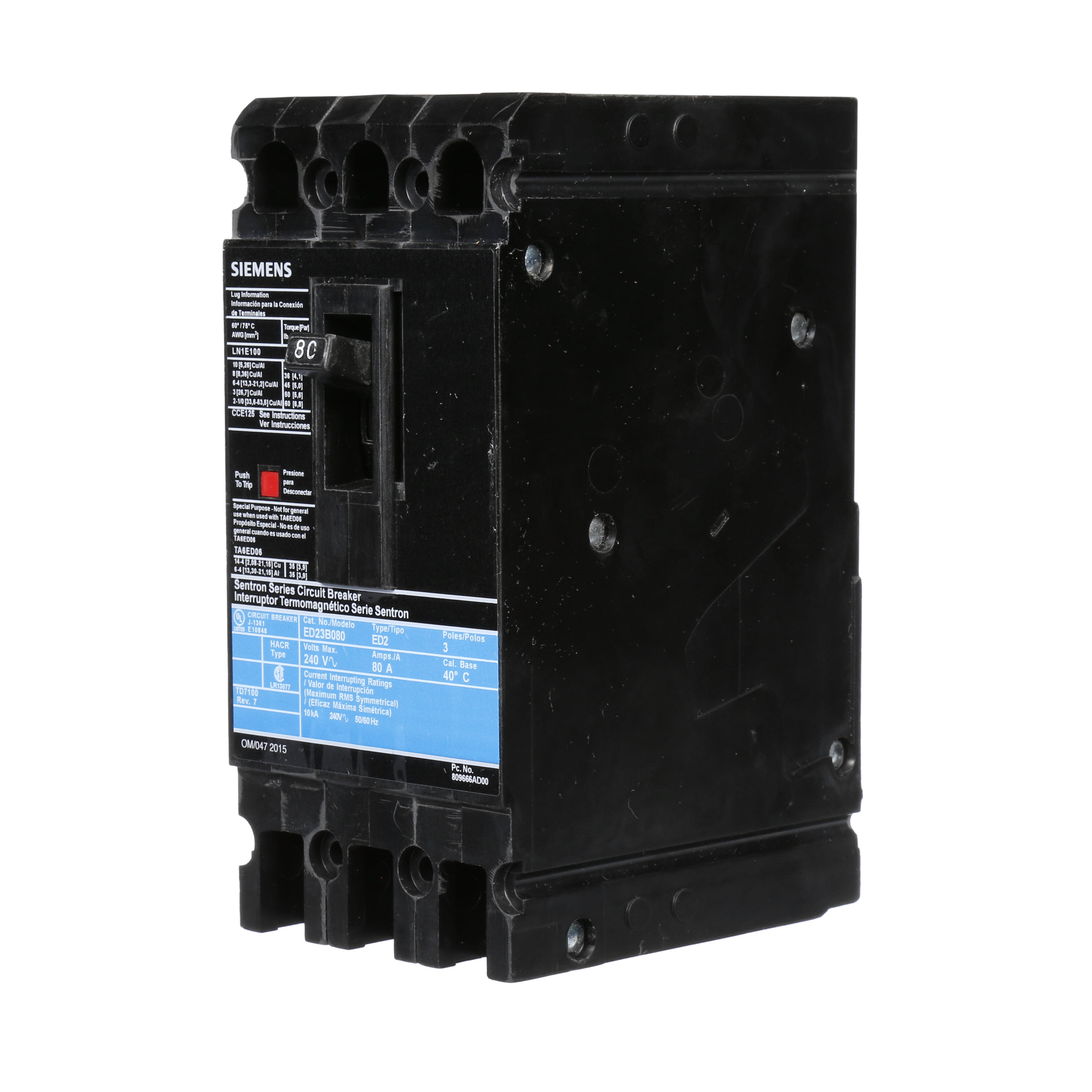 SIEMENS LOW VOLTAGE SENTRON MOLDED CASE CIRCUIT BREAKER WITH THERMAL - MAGNETICTRIP UNIT. STANDARD 40 DEG C BREAKER ED FRAME WITH STANDARD BREAKING CAPACITY. 80A 3-POLE (10KAIC AT 240V). NON-INTERCHANGEABLE TRIP UNIT. SPECIAL FEATURES LOAD LUGS ONLY (LN1E100) WIRE RANGE 10 - 1/0AWG (CU/AL). DIMENSIONS (W x H x D) IN 3.00 x 6.4 x 3.92.