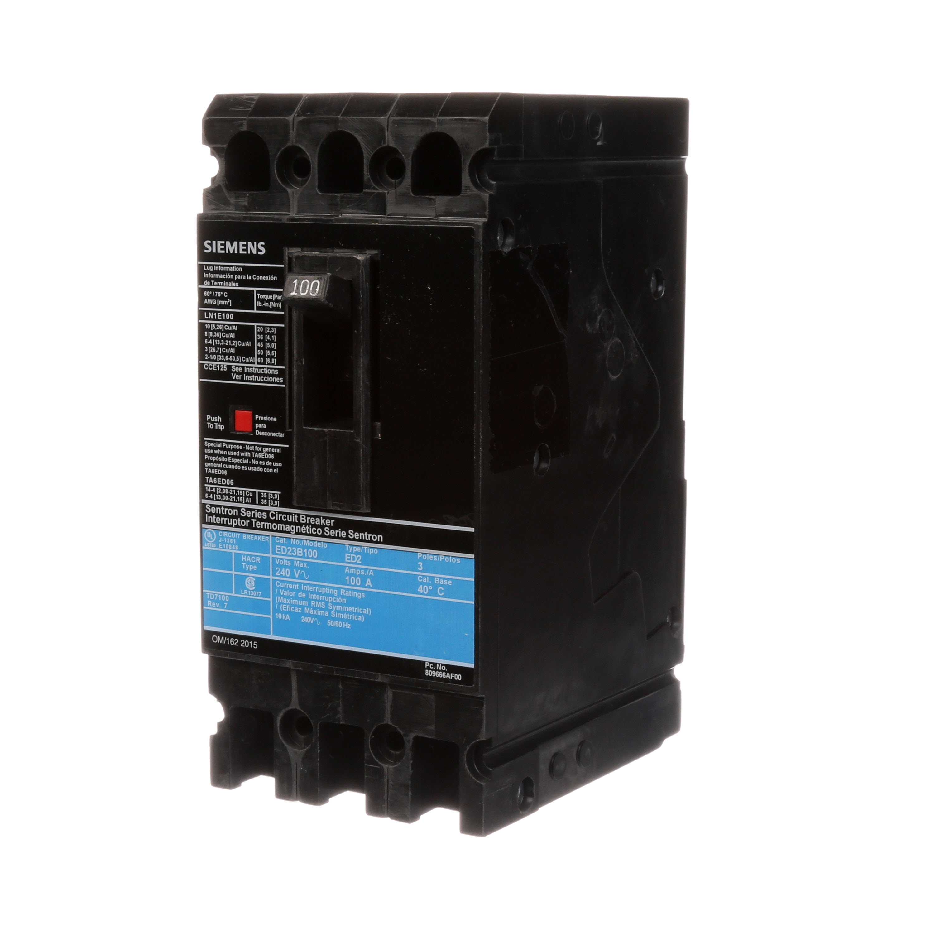 SIEMENS LOW VOLTAGE SENTRON MOLDED CASE CIRCUIT BREAKER WITH MAGNETIC ONLY TRIPUNIT. MOLDED CASE SWITCH (BREAKER) ED FRAME WITH STANDARD BREAKING CAPACITY. 100A 3-POLE 240V 1000A SELF-PROTECTIVE INSTANTANEOUS OVERRIDE. NON-INTERCHANGEABLETRIP UNIT. SPECIAL FEATURES LOAD LUGS ONLY (LN1E100) WIRE RANGE 10 - 1/0AWG (CU/AL). DIMENSIONS (W x H x D) IN 3.00 x 6.4 x 3.92.