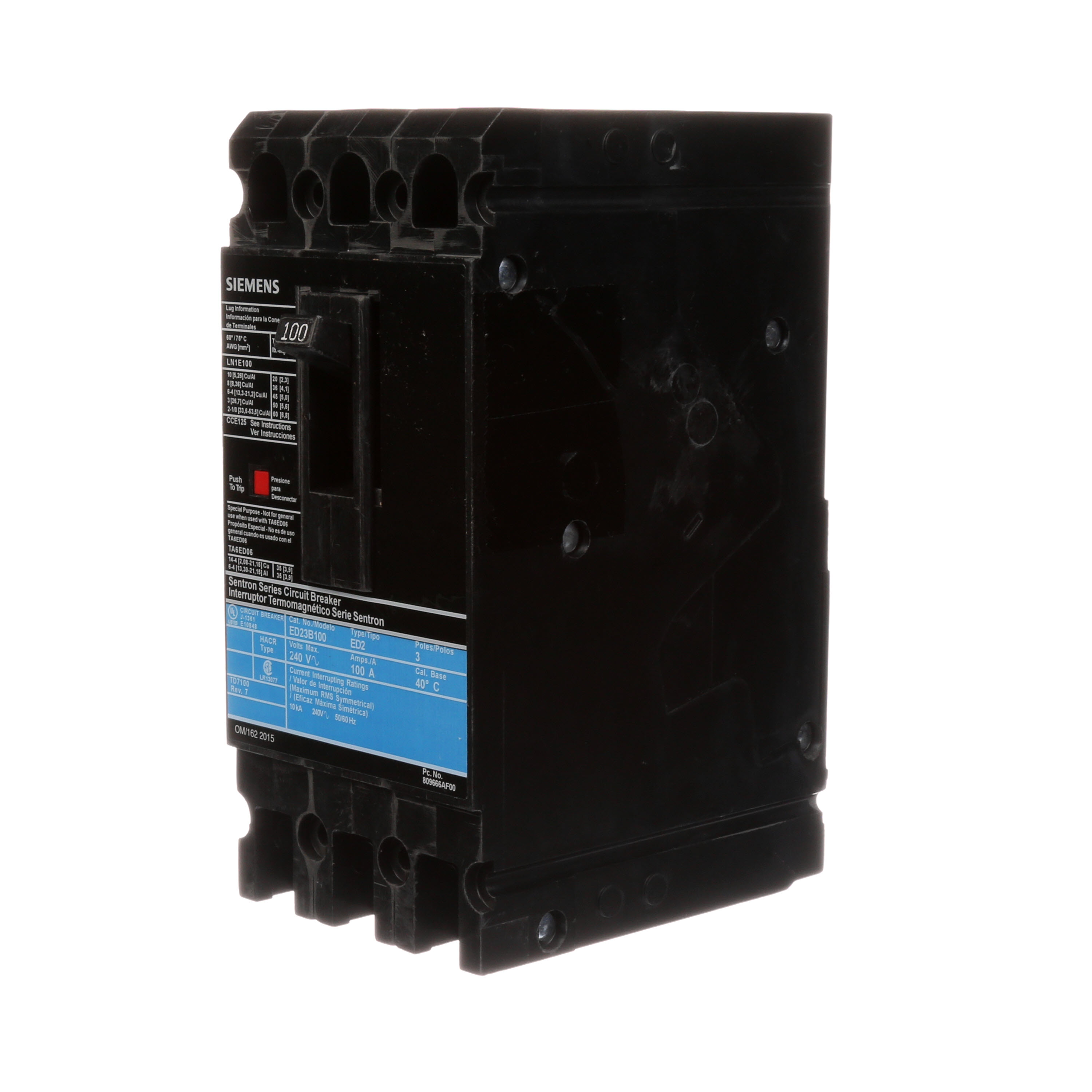 SIEMENS LOW VOLTAGE SENTRON MOLDED CASE CIRCUIT BREAKER WITH THERMAL - MAGNETICTRIP UNIT. STANDARD 40 DEG C BREAKER ED FRAME WITH STANDARD BREAKING CAPACITY. 100A 3-POLE (10KAIC AT 240V). NON-INTERCHANGEABLE TRIP UNIT. SPECIAL FEATURES LOAD LUGS ONLY (LN1E100) WIRE RANGE 10 - 1/0AWG (CU/AL). DIMENSIONS (W x H x D) IN3.00 x 6.4 x 3.92.