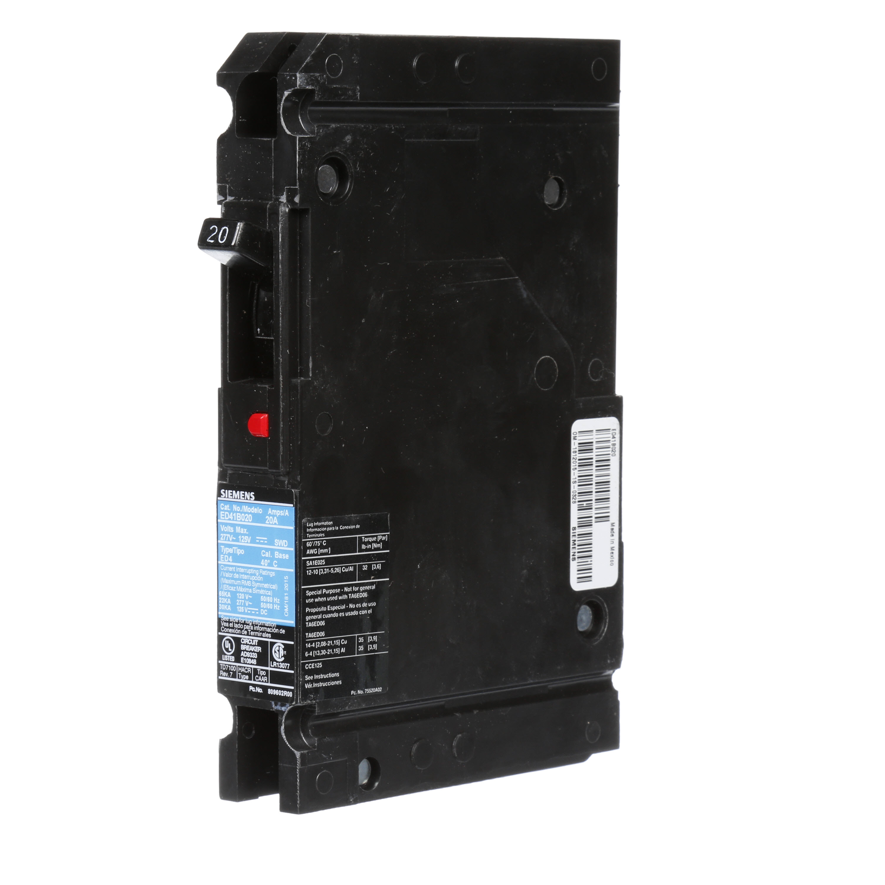 SIEMENS LOW VOLTAGE SENTRON MOLDED CASE CIRCUIT BREAKER WITH THERMAL - MAGNETICTRIP UNIT. STANDARD 40 DEG C BREAKER ED FRAME WITH STANDARD BREAKING CAPACITY. 20A 1-POLE (22KAIC AT 277V). NON-INTERCHANGEABLE TRIP UNIT. SPECIAL FEATURES LOAD LUGS ONLY (SA1E025) WIRE RANGE 14 - 10AWG (CU) / 12 - 10AWG (AL). DIMENSIONS (W x H x D) IN 1.00 x 6.4 x 3.92.