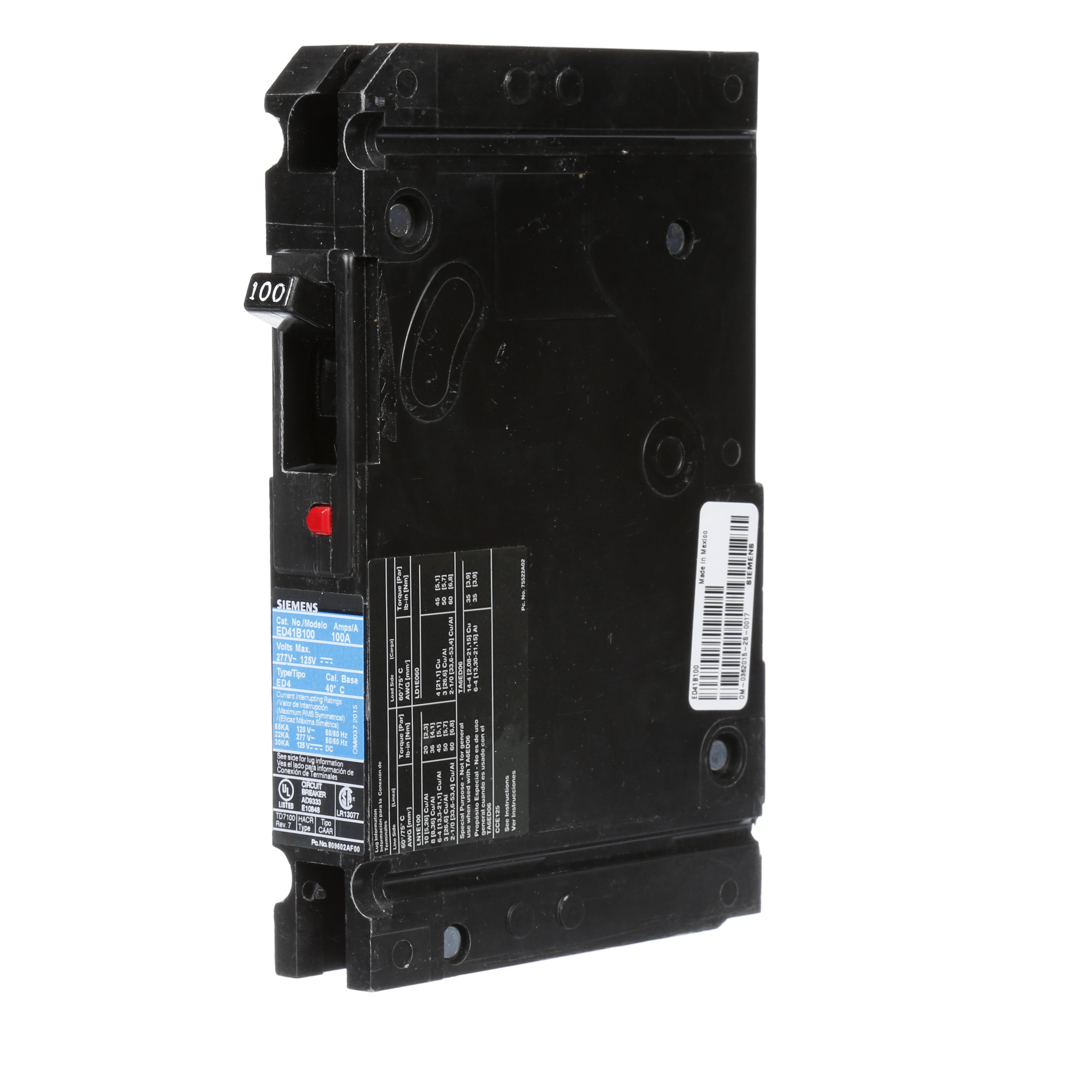 SIEMENS LOW VOLTAGE SENTRON MOLDED CASE CIRCUIT BREAKER WITH THERMAL - MAGNETICTRIP UNIT. STANDARD 40 DEG C BREAKER ED FRAME WITH STANDARD BREAKING CAPACITY. 100A 1-POLE (22KAIC AT 277V). NON-INTERCHANGEABLE TRIP UNIT. SPECIAL FEATURES LOAD LUGS ONLY (LD1E100) WIRE RANGE 6 - 1/0AWG (CU/AL). DIMENSIONS (W x H x D) IN 1.00 x 6.4 x 3.92.