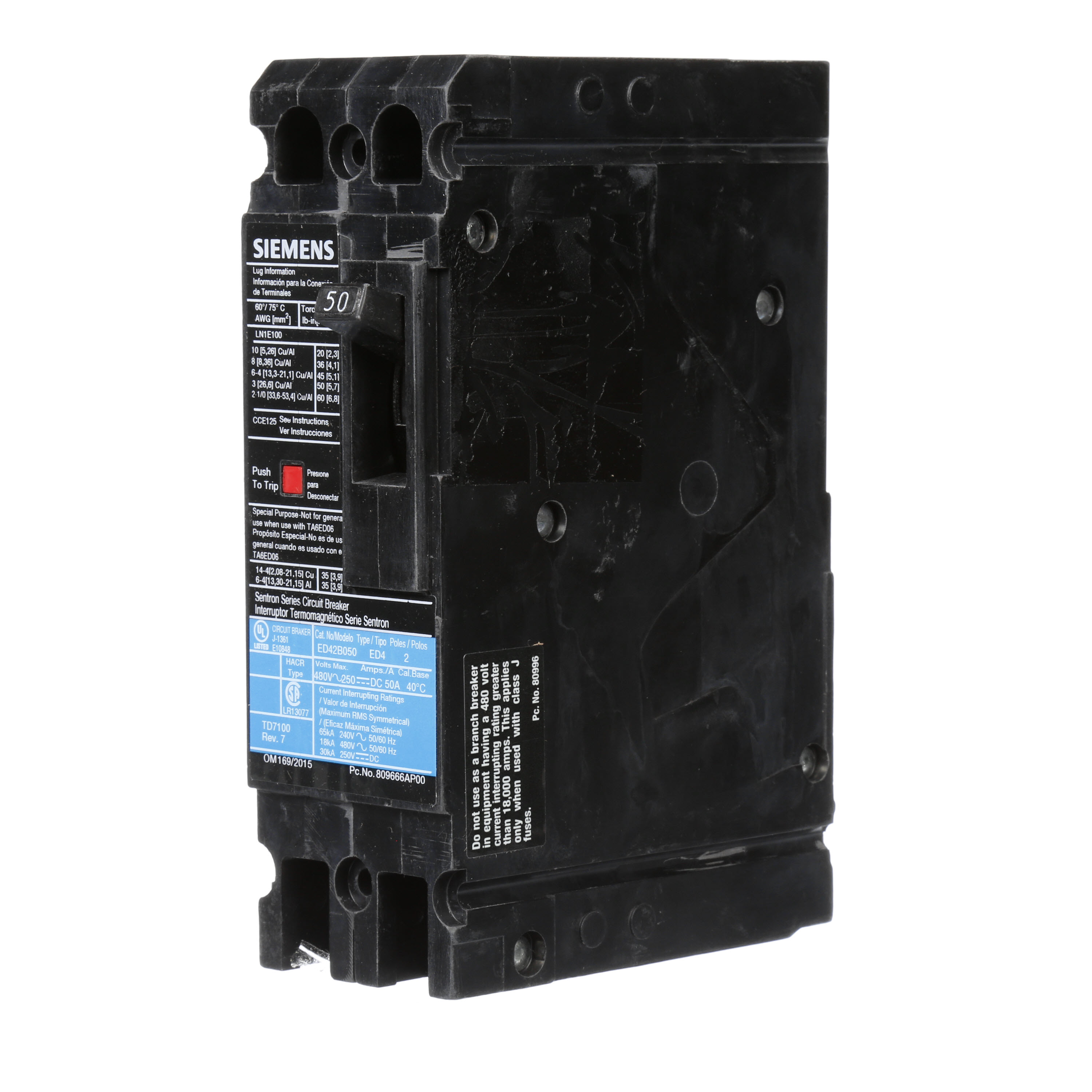 SIEMENS LOW VOLTAGE SENTRON MOLDED CASE CIRCUIT BREAKER WITH THERMAL - MAGNETICTRIP UNIT. STANDARD 40 DEG C BREAKER ED FRAME WITH STANDARD BREAKING CAPACITY. 50A 2-POLE (18KAIC AT 480V). NON-INTERCHANGEABLE TRIP UNIT. SPECIAL FEATURES LOAD LUGS ONLY (LN1E100) WIRE RANGE 10 - 1/0AWG (CU/AL). DIMENSIONS (W x H x D) IN 2.00 x 6.4 x 3.92.