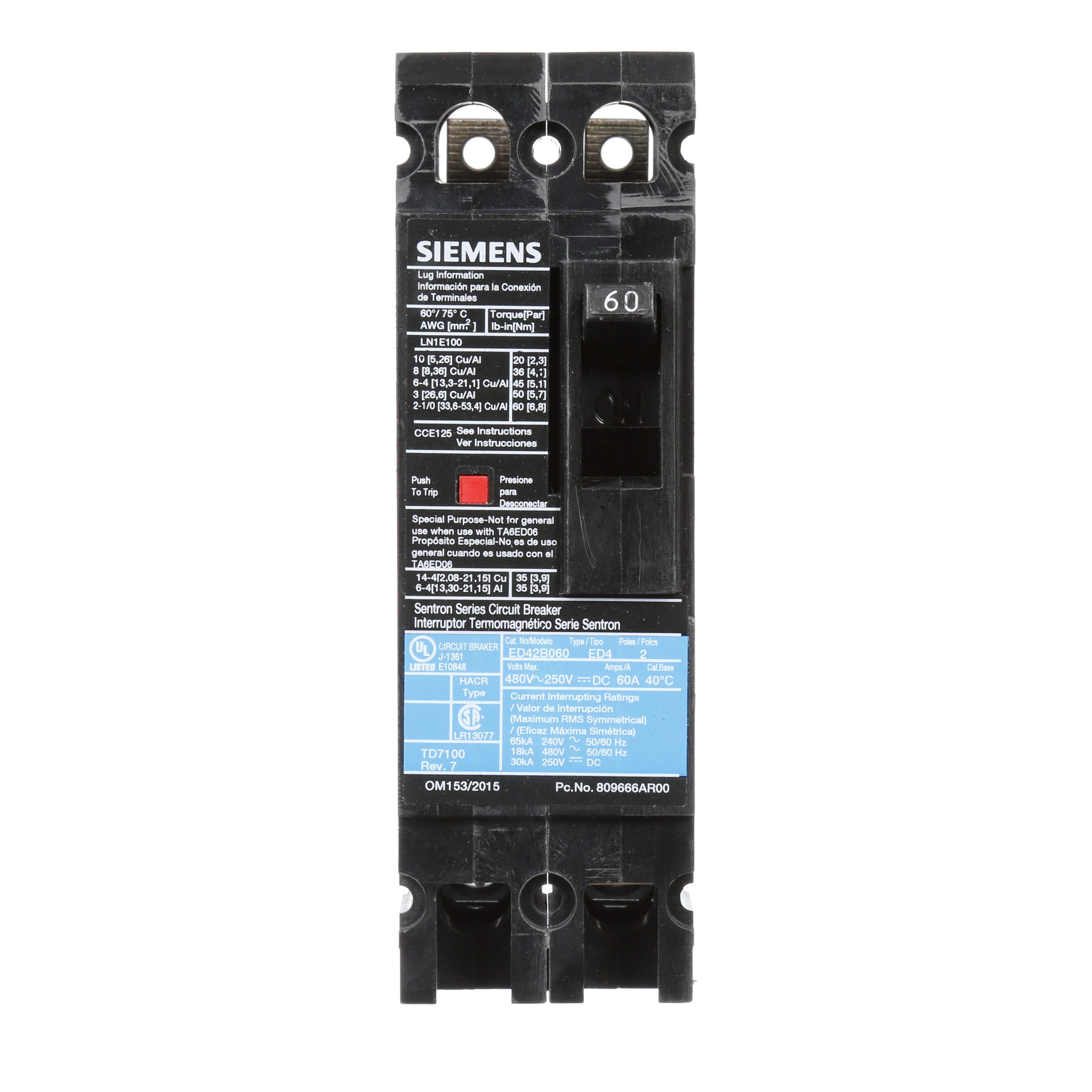 SIEMENS LOW VOLTAGE SENTRON MOLDED CASE CIRCUIT BREAKER WITH THERMAL - MAGNETICTRIP UNIT. STANDARD 40 DEG C BREAKER ED FRAME WITH STANDARD BREAKING CAPACITY. 60A 2-POLE (18KAIC AT 480V). NON-INTERCHANGEABLE TRIP UNIT. SPECIAL FEATURES LOAD LUGS ONLY (LN1E100) WIRE RANGE 10 - 1/0AWG (CU/AL). DIMENSIONS (W x H x D) IN 2.00 x 6.4 x 3.92.